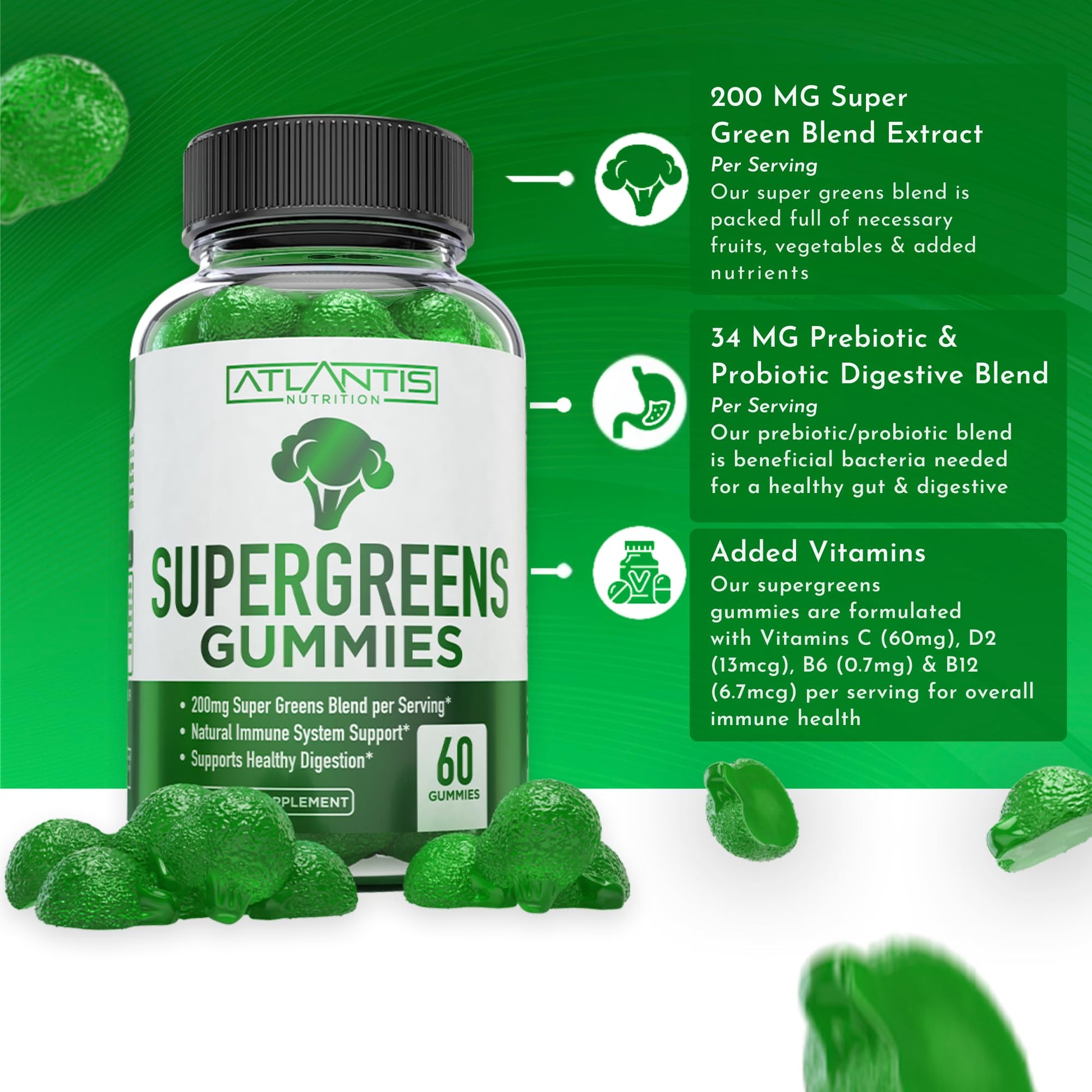 Atlantis Nutrition Supergreens Gummies - Daily Green Superfoods Supplement with Spinach, Broccoli, Moringa, Beet Root, Celery, Green Tea, & Acai for Immunity Support - Natural Raspberry Flavor, 60 cnt Atlantis Nutrition buy supplements canada