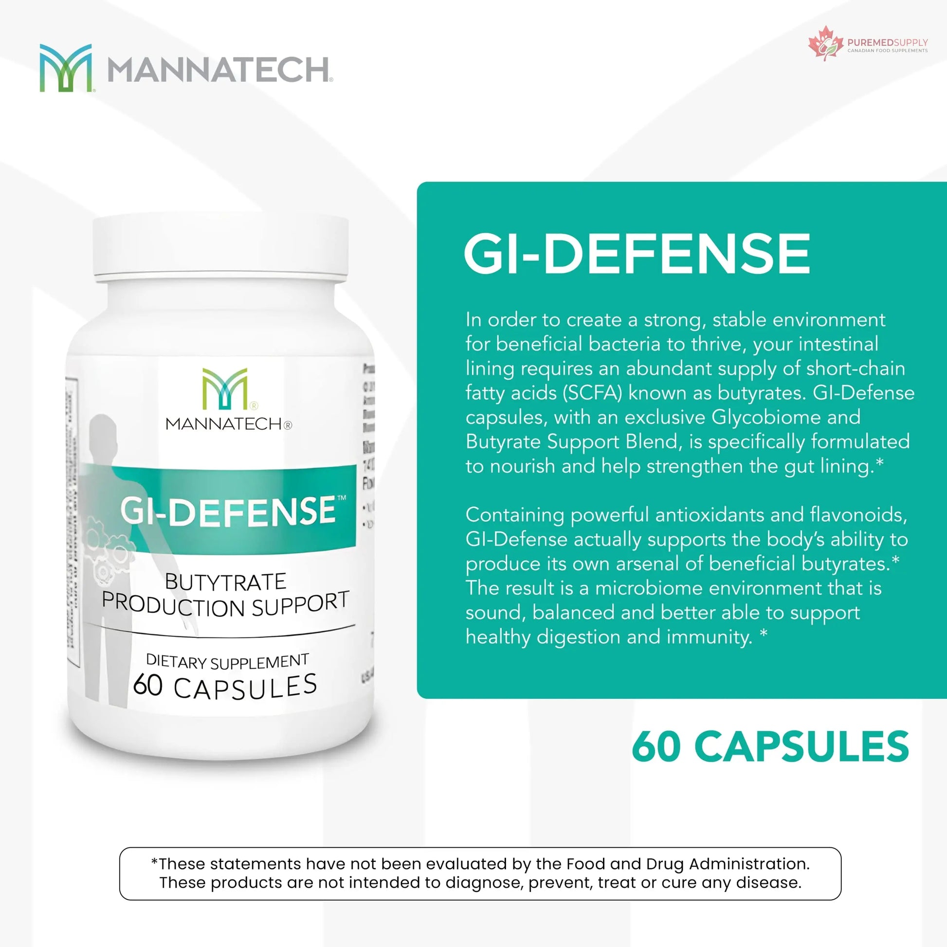 Mannatech Butyrate Supplement - Supports Gut Barrier Function, Intestinal Health, and Digestive Comfort - Promotes Short Chain Fatty Acid Production, Immune Support Supplement GI-Defense 60 Capsules Mannatech buy supplements canada