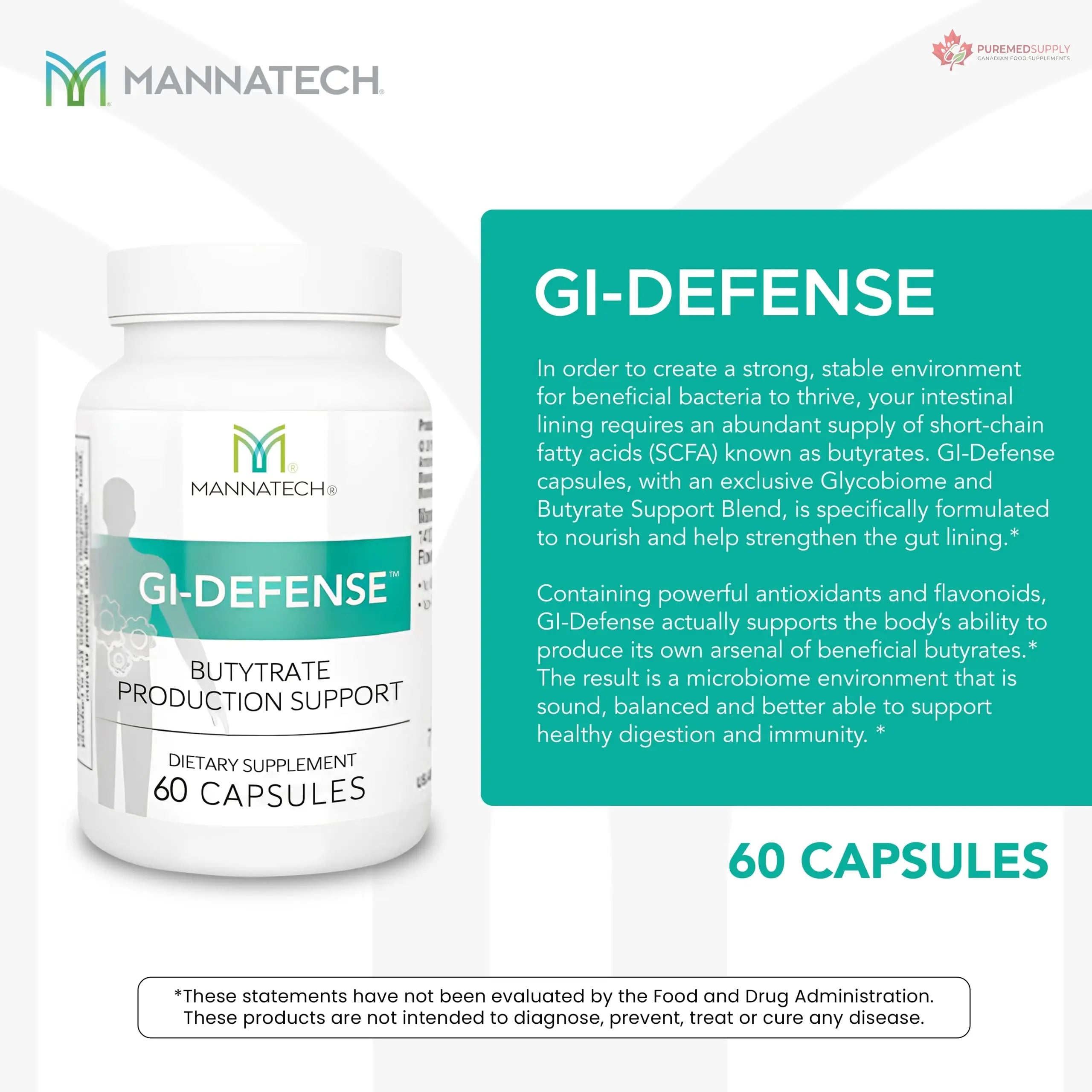 Mannatech Butyrate Supplement - Supports Gut Barrier Function, Intestinal Health, and Digestive Comfort - Promotes Short Chain Fatty Acid Production, Immune Support Supplement GI-Defense 60 Capsules Mannatech buy supplements canada