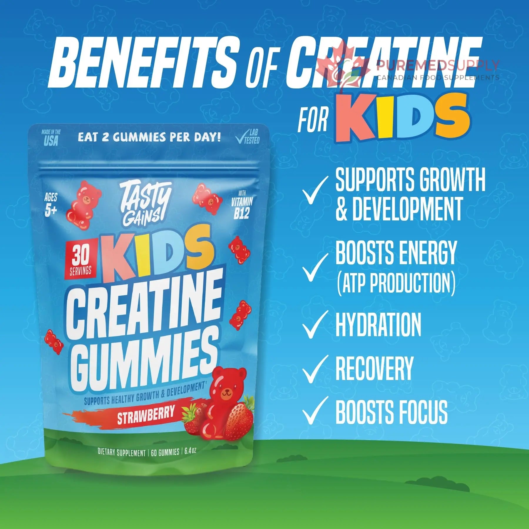 TASTY GAINS Kids & Teen Creatine Gummies with Vitamin B12 for Growth Support, Easy Chew Daily Supplement, Gummy Vitamins for Kids and Teens, Ages 5+ TASTY GAINS buy supplements canada