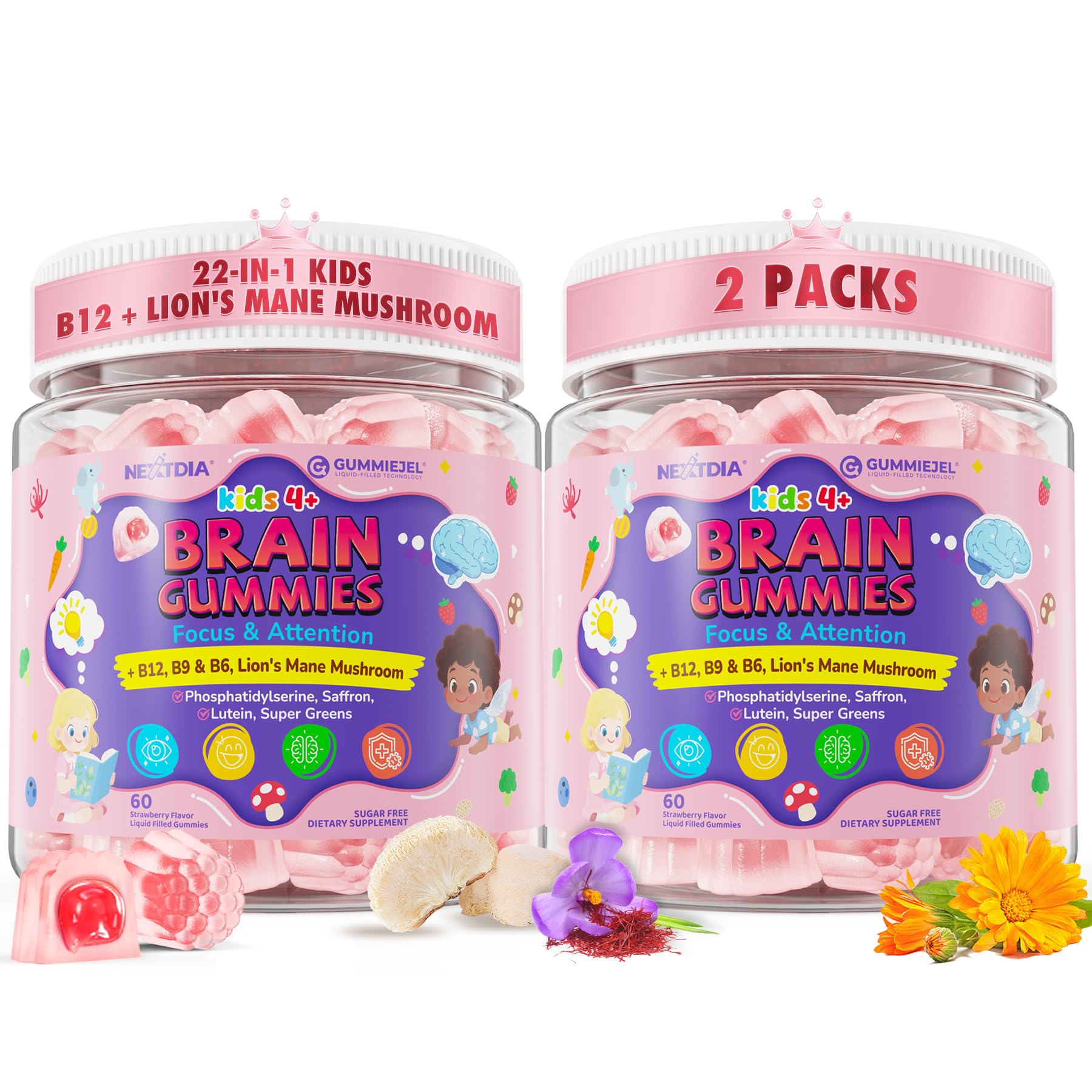Kids Brain Gummies with Lion's Mane Mushroom, Methyl B6, B9, B12, Supper Greens, Lutein, Brain Booster Supplement for Focus & Attention, Cognitive Function, Vision & Energy, Sugar Free, Vegan 2 Pack Nextdia buy supplements canada