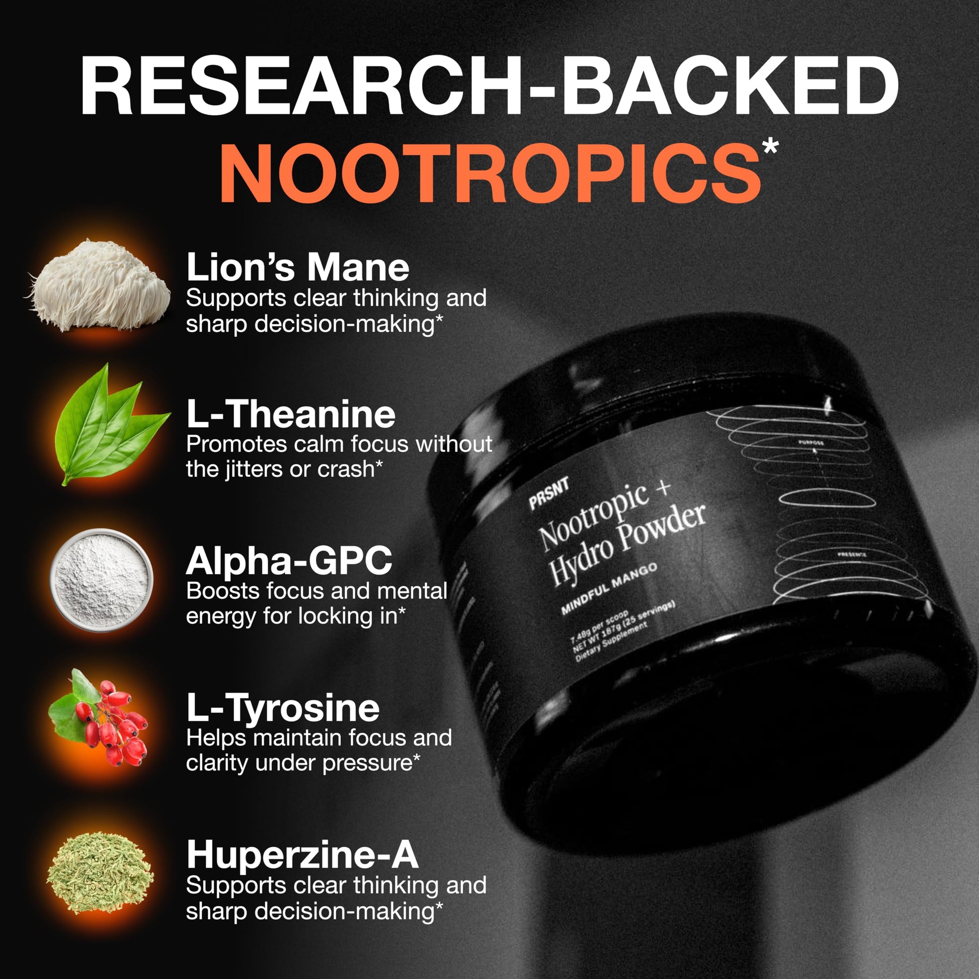PRSNT Nootropic Focus Powder | Mango 25 Servings | Caffeine-Free, Sugar-Free | Supports Focus, Energy, Mental Clarity | Nootropic + Electrolytes Hydration Focus Drink Mix PRSNT buy supplements canada