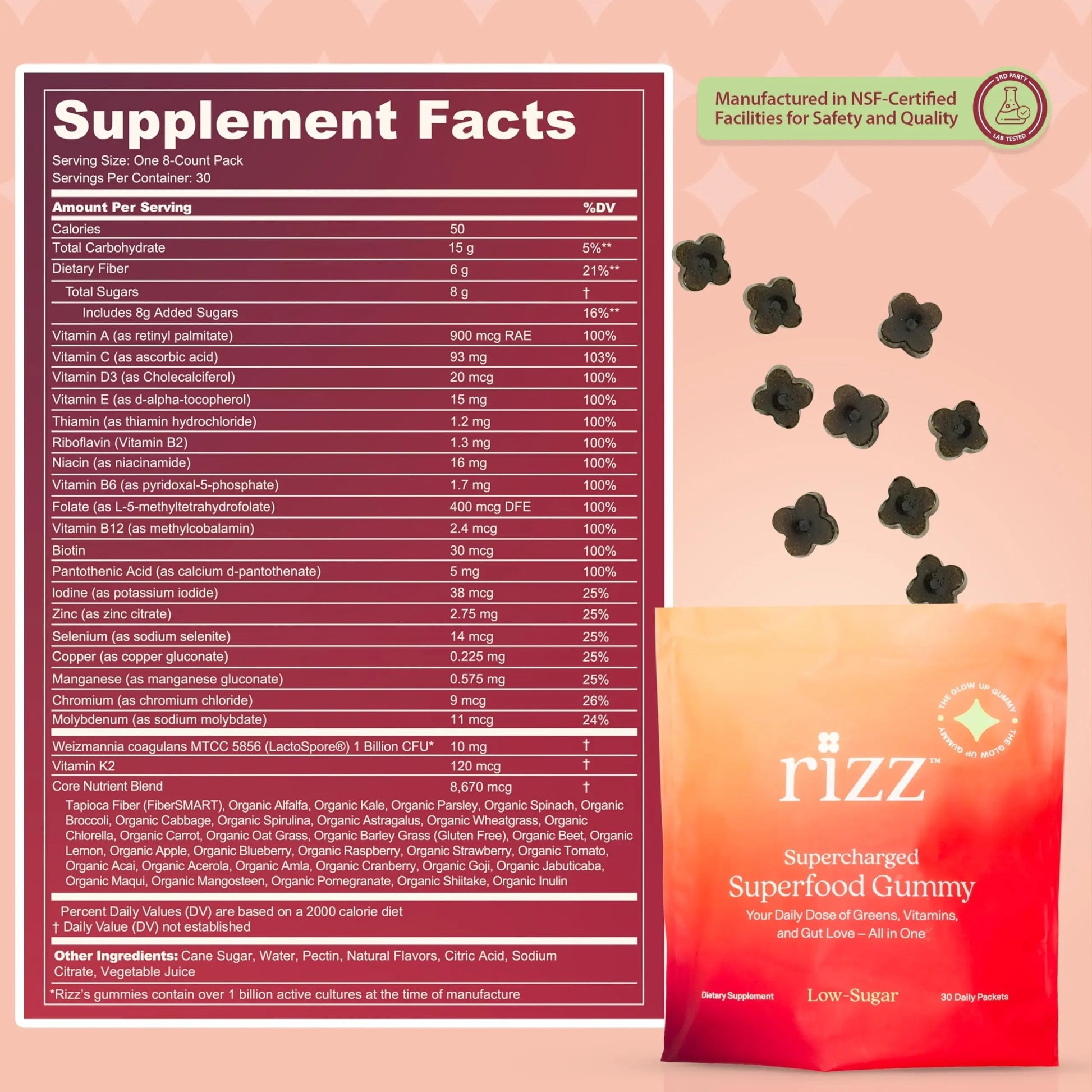 Rizz Low Sugar Green Gummies - 60+ Superfoods 6g Fiber - Prebiotic and Probiotic Gummies - Vegan Multivitamins for Women & Men Rizz buy supplements canada