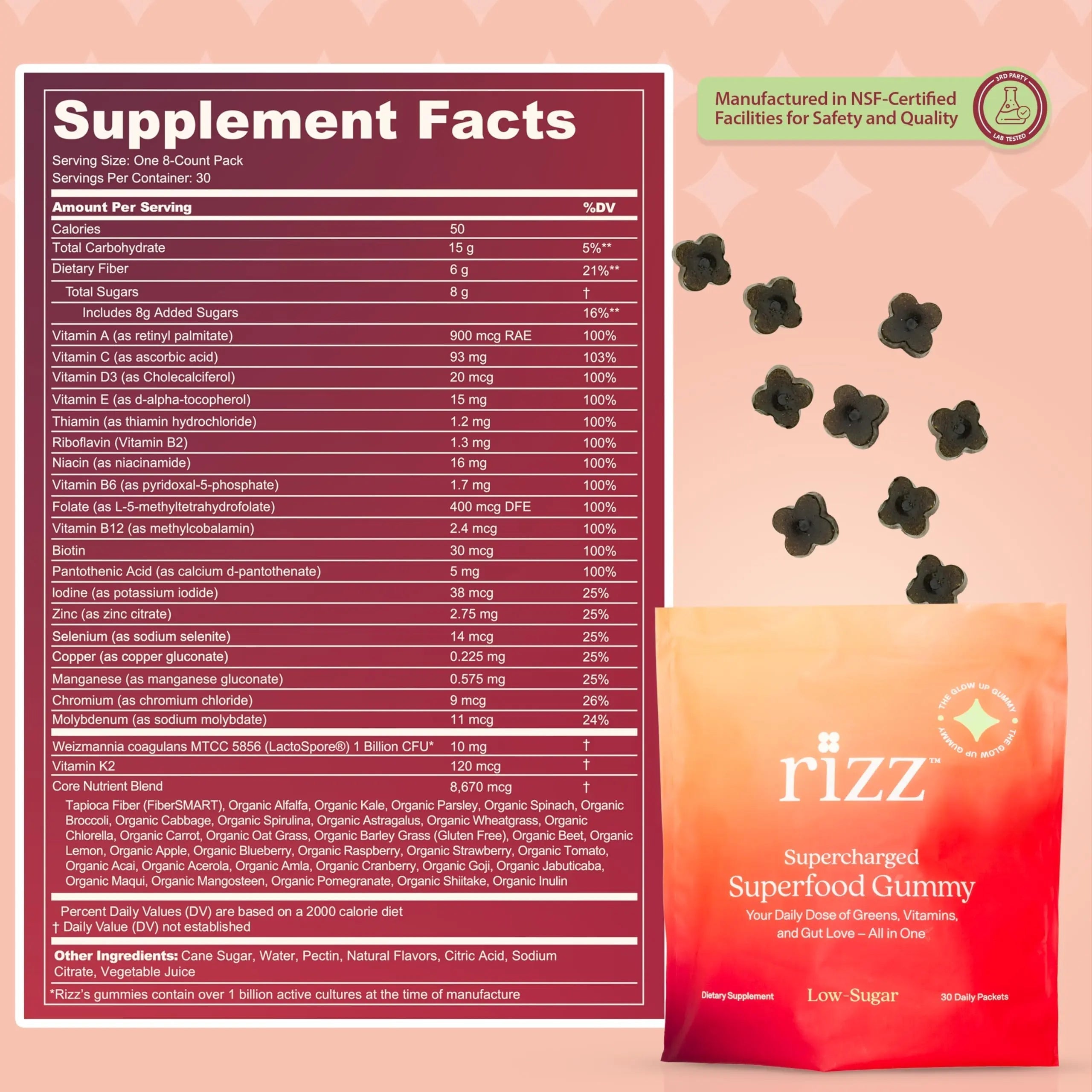 Rizz Low Sugar Green Gummies - 60+ Superfoods 6g Fiber - Prebiotic and Probiotic Gummies - Vegan Multivitamins for Women & Men Rizz buy supplements canada