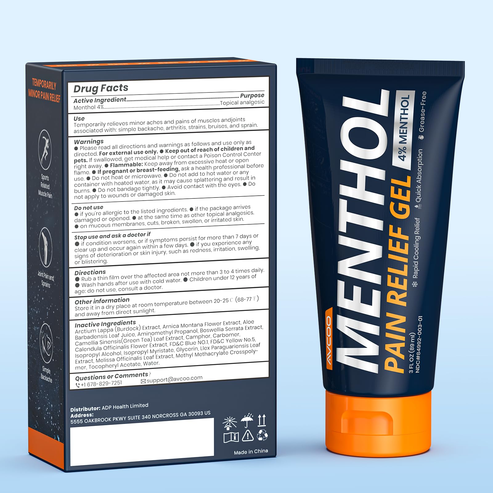 AVCOO 4% Menthol Pain Relief Gel, Cooling Sensation for Arthritis, Knees, Joint, Sore Muscle, Neck, Shoulder and Lower Back Pain Relief, Grease-Free Gel, 2 Packs (3 OZ Per Pack) AVCOO buy supplements canada