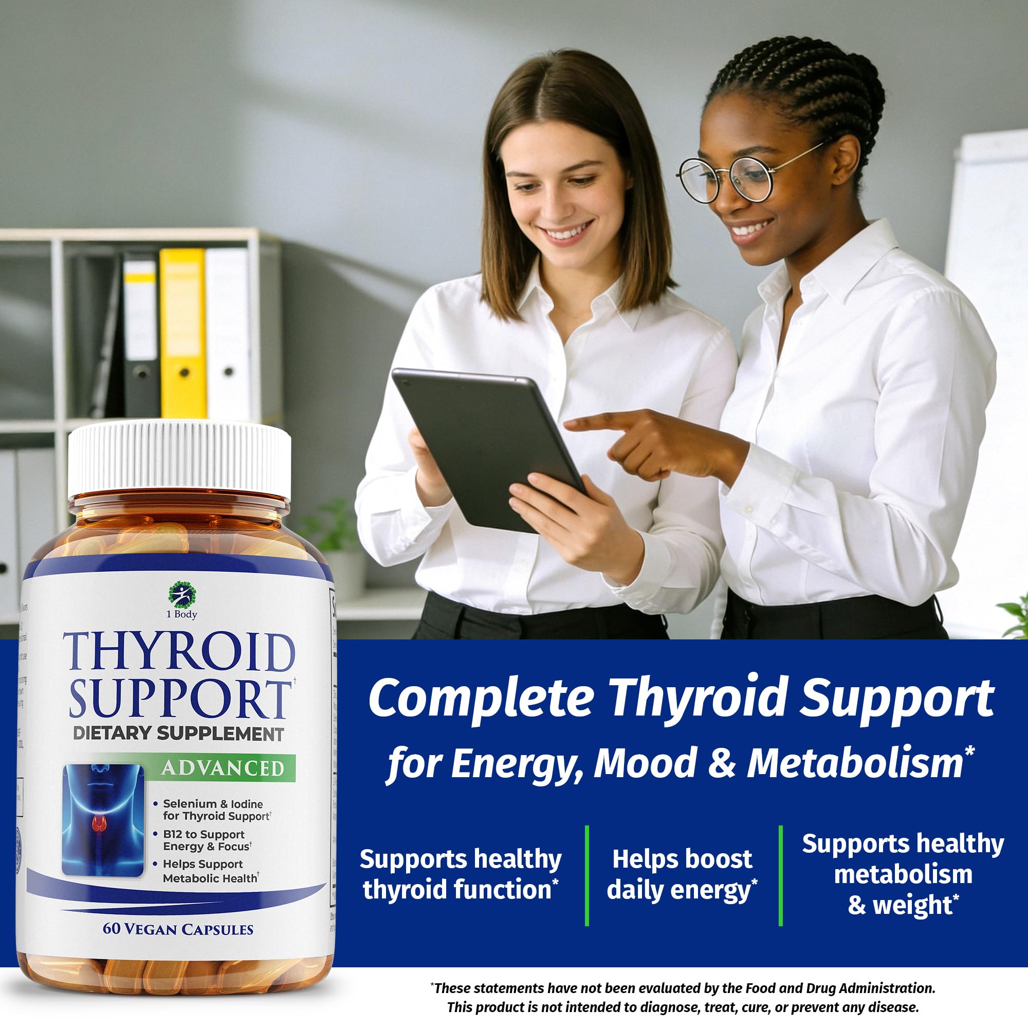 1 Body Thyroid Support Supplement for Women and Men, Selenium with Iodine, Zinc, B12, Ashwagandha and L-Tyrosine, Supports Hormone Health, Energy and Metabolism, 30 Day Supply 1 Body buy supplements canada