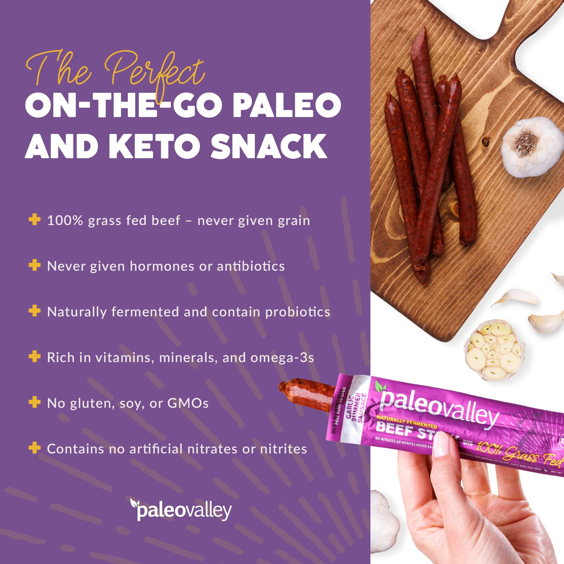 Paleovalley 100% Grass Fed Garlic Summer Sausage Beef Sticks - Delicious Gluten Free Beef Snack - High Protein Keto Friendly Paleovalley buy supplements canada