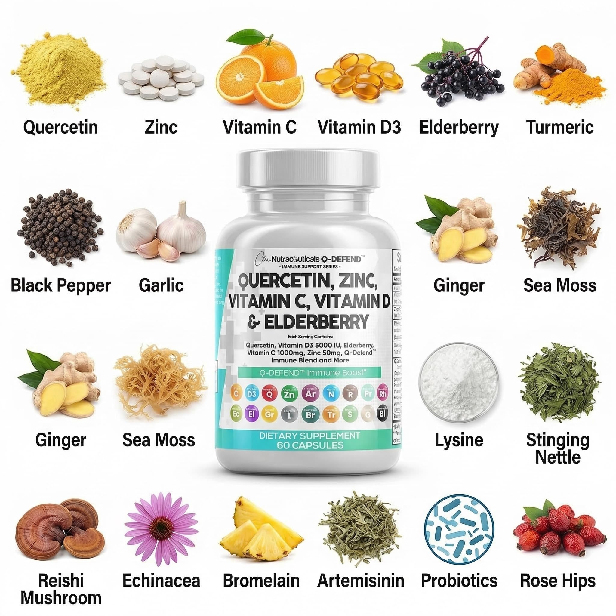 Q Defend Quercetin Supplement with Zinc Vitamin C Vitamin D Elderberry Turmeric Black Pepper Garlic Ginger Sea Moss Lysine Stinging Nettle Reishi Mushroom Immune Clean Nutraceuticals buy supplements canada