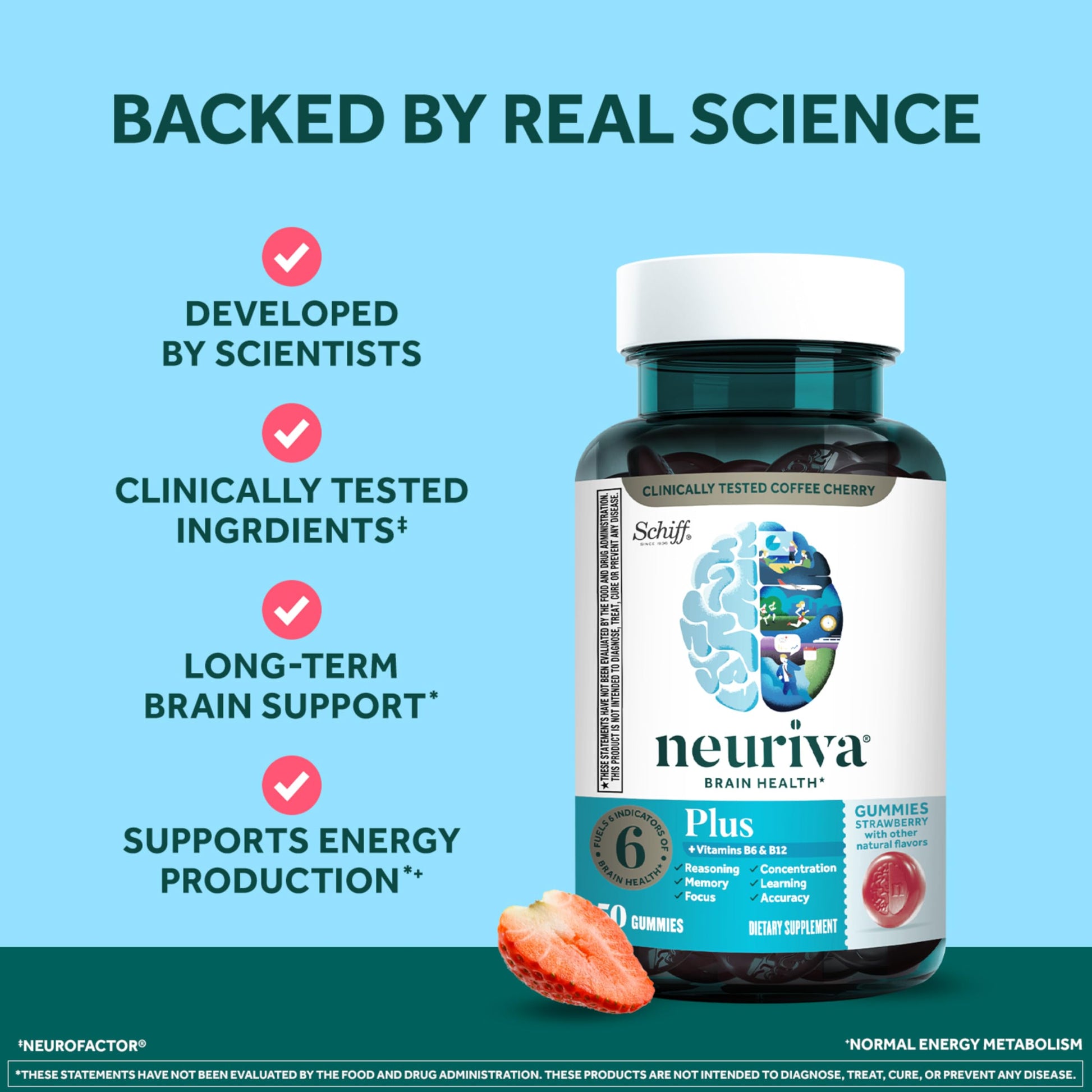 NEURIVA Plus Decaffeinated Nootropic Brain Supplement for Memory, Focus & Concentration & Cognitive Function, Clinically Tested NeuroFactor, Phosphatidylserine, Vitamins B6 B12,50ct Strawberry Gummies NEURIVA buy supplements canada