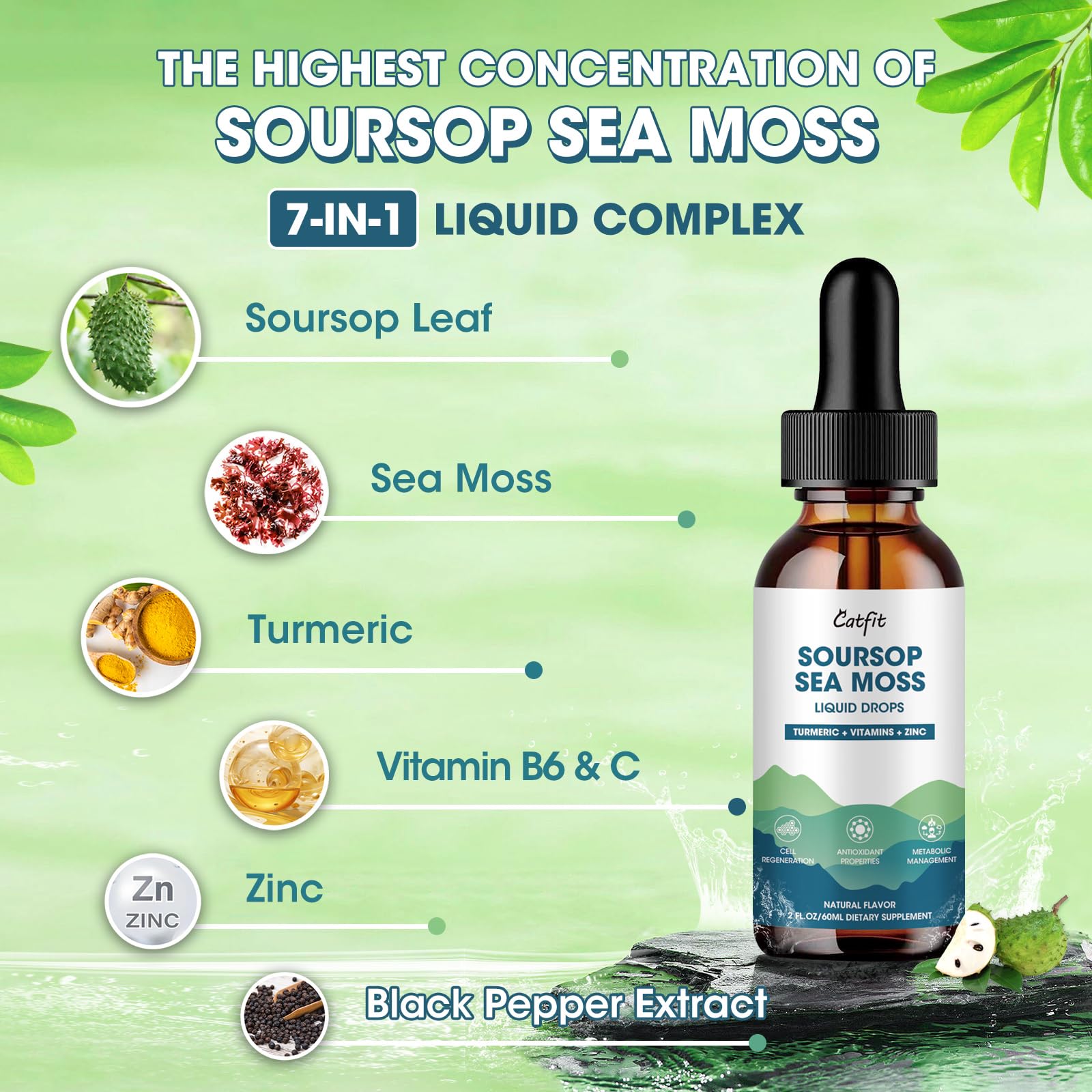 Catfit Soursop Graviola Liquid Drop – Soursop Drops for Cell Support, Antioxidant, Relaxation & Immune Boost with Sea Moss, Turmeric, Black Pepper, B6 C, Zinc, Sugar Free, Gluten Free, Vegan, 2 Fl Oz Catfit buy supplements canada