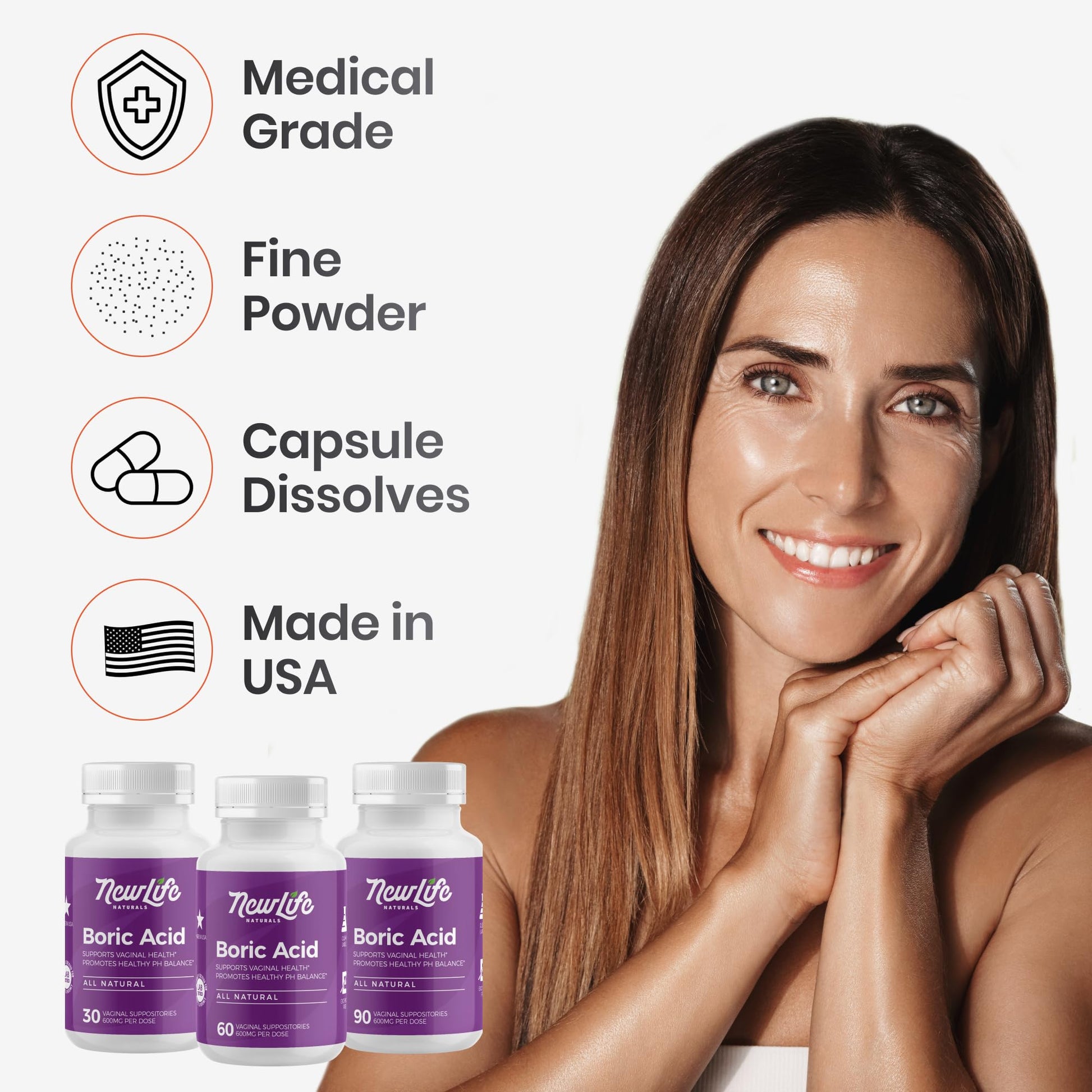 NewLife Naturals - Medical Grade Boric Acid Vaginal Suppositories - 600mg - 100% Pure Womens pH Balance Pills - Yeast Infection, BV - 60 Capsules: Made in USA NewLife Naturals buy supplements canada