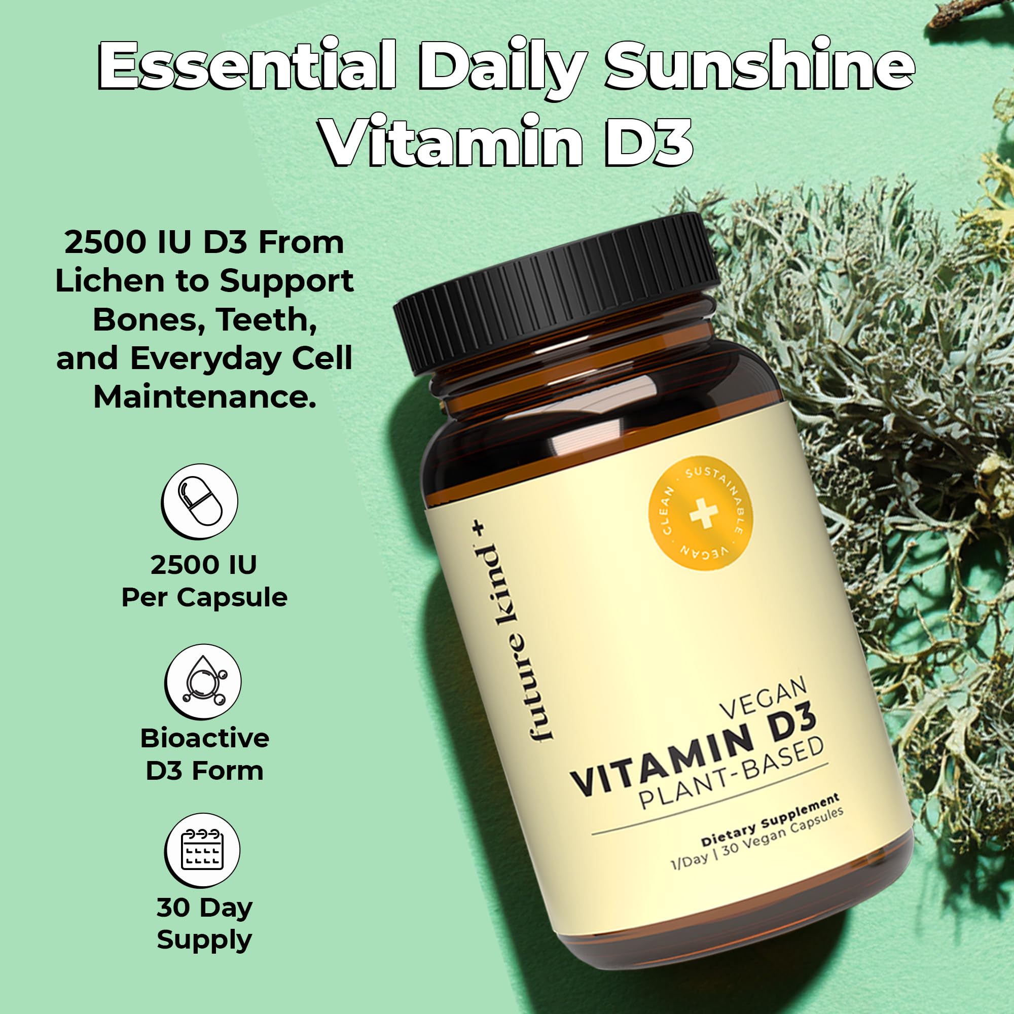 Future Kind Vitamin D3 2500 IU for Bone and Muscle Function, Vitamin D Vegan Supplement from Plant Lichen, Non-GMO, Sugar Free, Pure Vitamin D3, Promotes Natural Resilience, 30 Capsules Future Kind buy supplements canada