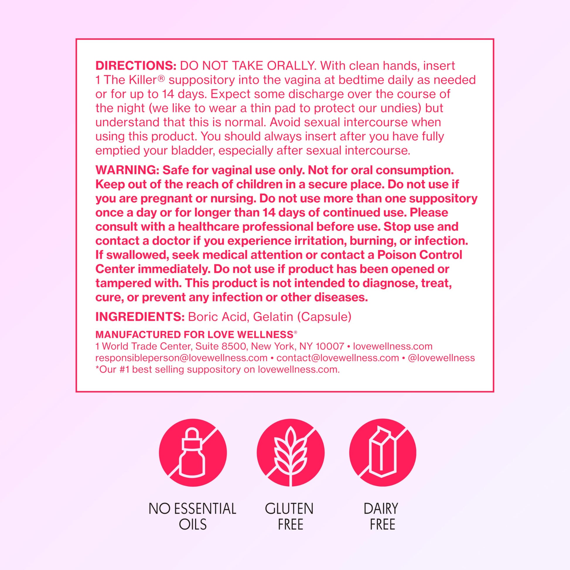 Love Wellness The Killer | Boric Acid Vaginal Suppositories | Balances pH & Supports Odor Control, a Healthy Vaginal Balance and Environment | Fast-Acting & Fragrance-Free | Gentle & Effective | 14 Ct Love Wellness buy supplements canada