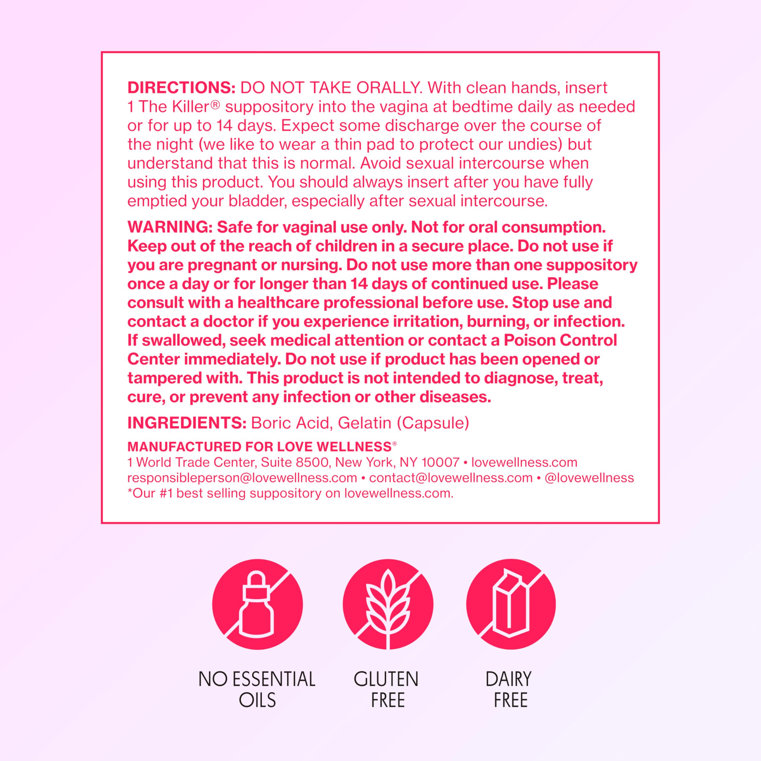 Love Wellness The Killer | Boric Acid Vaginal Suppositories | Balances pH & Supports Odor Control, a Healthy Vaginal Balance and Environment | Fast-Acting & Fragrance-Free | Gentle & Effective | 14 Ct Love Wellness buy supplements canada