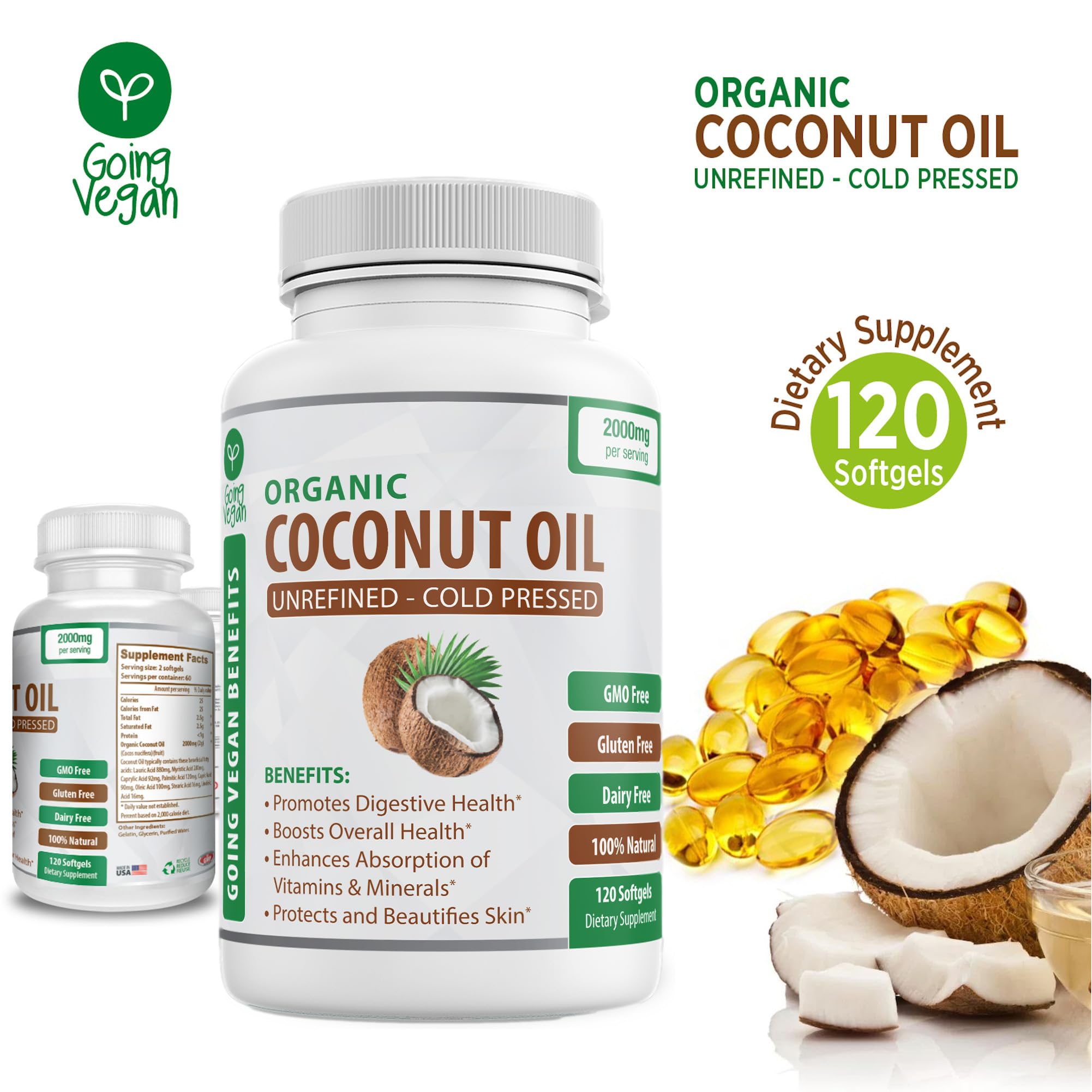 Organic Coconut Oil Capsules 2000mg - 100% Extra Virgin, Cold Pressed for Healthy Skin Going Vegan buy supplements canada
