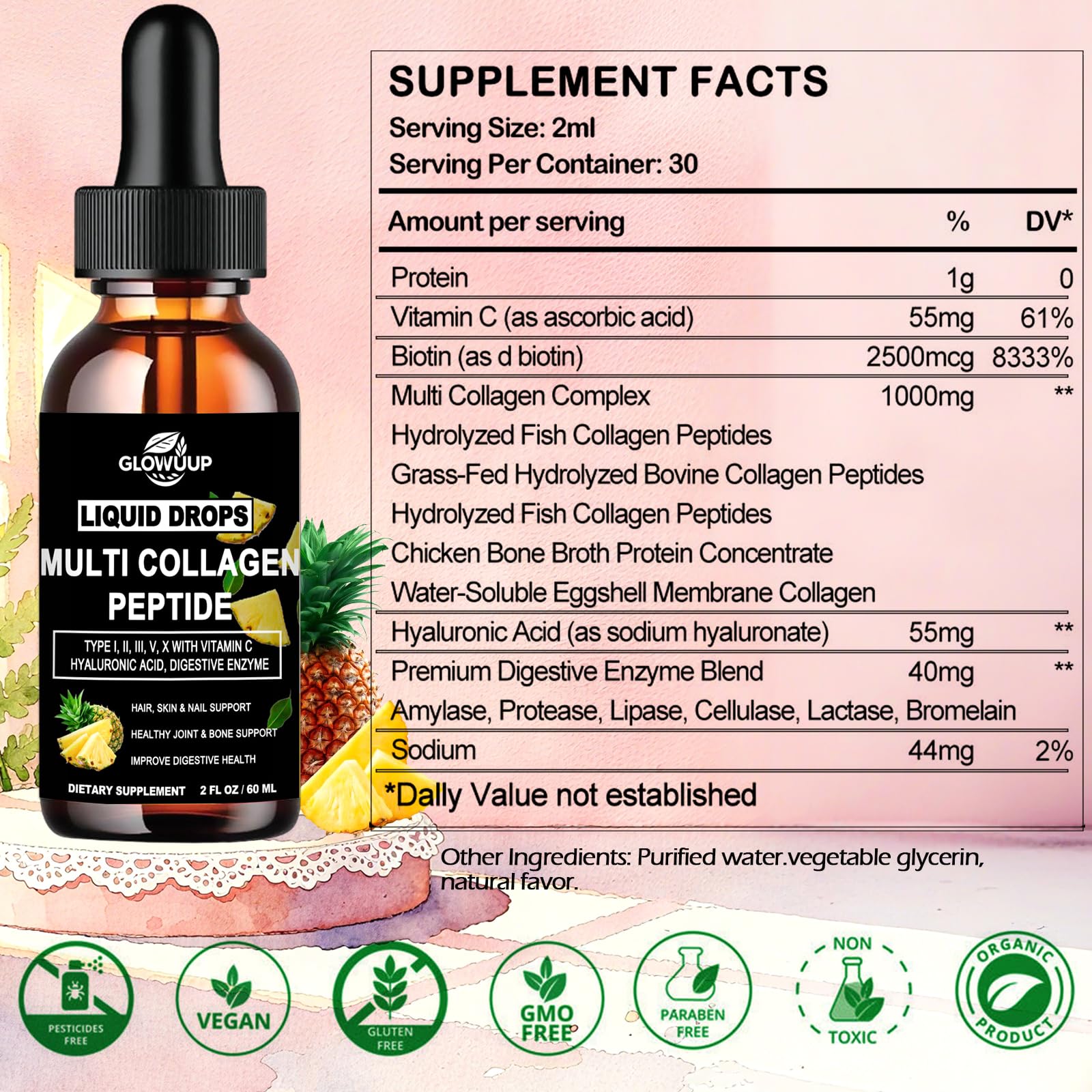 Multi Collagen Peptides Liquid Drops for Women & Men-Type I, II, III, V, X丨Hydrolyzed Collagen Peptides, Collagen Proteins W. Hyaluronic Acid, Biotin & Vitamin C for Hair Skin & Joint Gut Health GLOVVUUP buy supplements canada