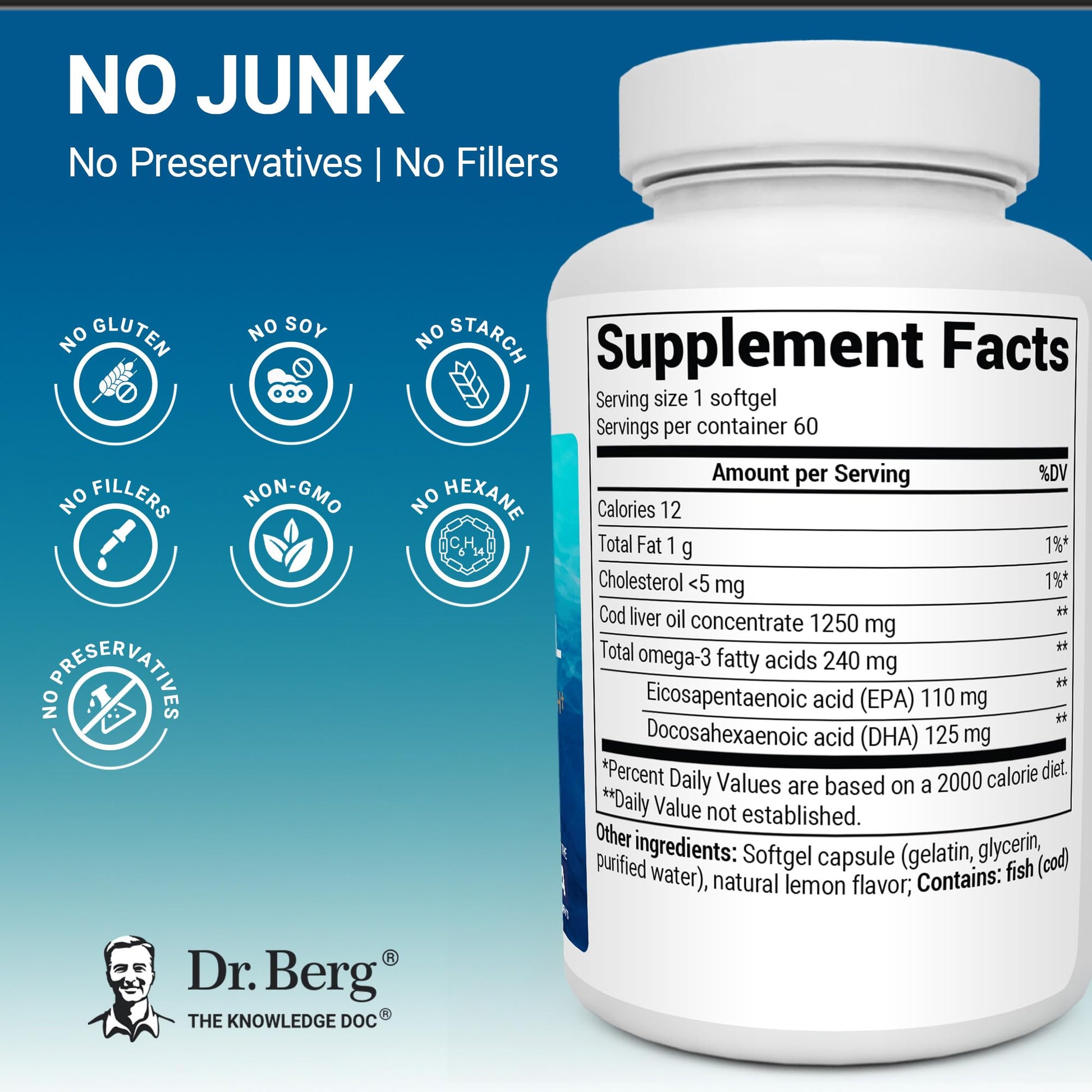 Dr. Berg Omega-3 Cod Liver Fish Oil 60 Softgels – Wild-Caught Icelandic Cod – Omega 3 EPA & DHA – Heart, Brain, Immune & Eye Support* – Lemon Flavor – 4X Lab-Tested – Non-GMO, No Fillers Dr. Berg Nutritionals buy supplements canada