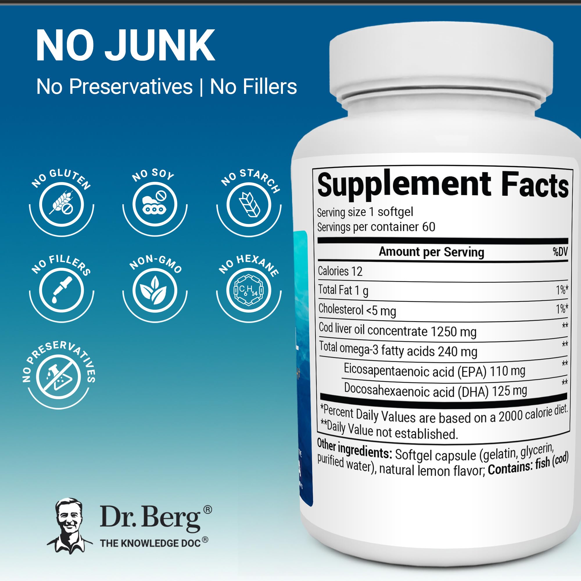 Dr. Berg Omega-3 Cod Liver Fish Oil 60 Softgels – Wild-Caught Icelandic Cod – Omega 3 EPA & DHA – Heart, Brain, Immune & Eye Support* – Lemon Flavor – 4X Lab-Tested – Non-GMO, No Fillers Dr. Berg Nutritionals buy supplements canada