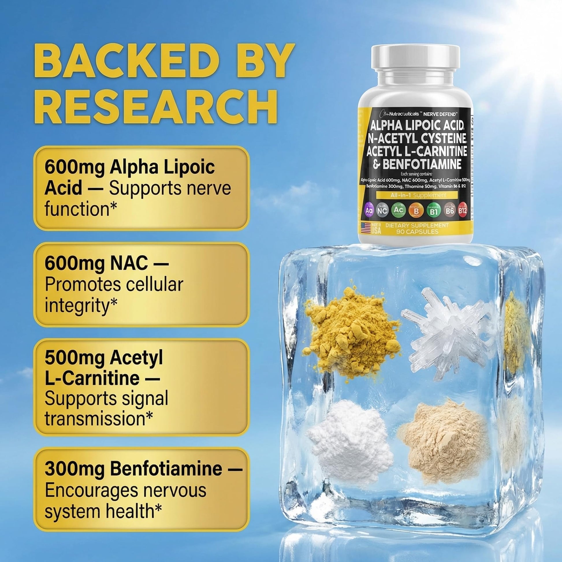 Alpha Lipoic Acid 600mg N-Acetyl Cysteine 600mg Acetyl L-Carnitine 500mg Benfotiamine 300mg - Nerve Support Supplement for Women and Men with Vitamin B1 B6 & B12 - Made in USA 90 Caps Clean Nutraceuticals buy supplements canada