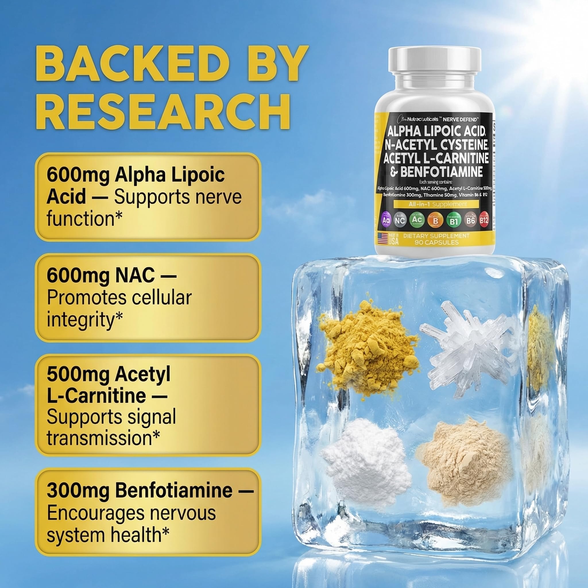 Alpha Lipoic Acid 600mg N-Acetyl Cysteine 600mg Acetyl L-Carnitine 500mg Benfotiamine 300mg - Nerve Support Supplement for Women and Men with Vitamin B1 B6 & B12 - Made in USA 90 Caps Clean Nutraceuticals buy supplements canada