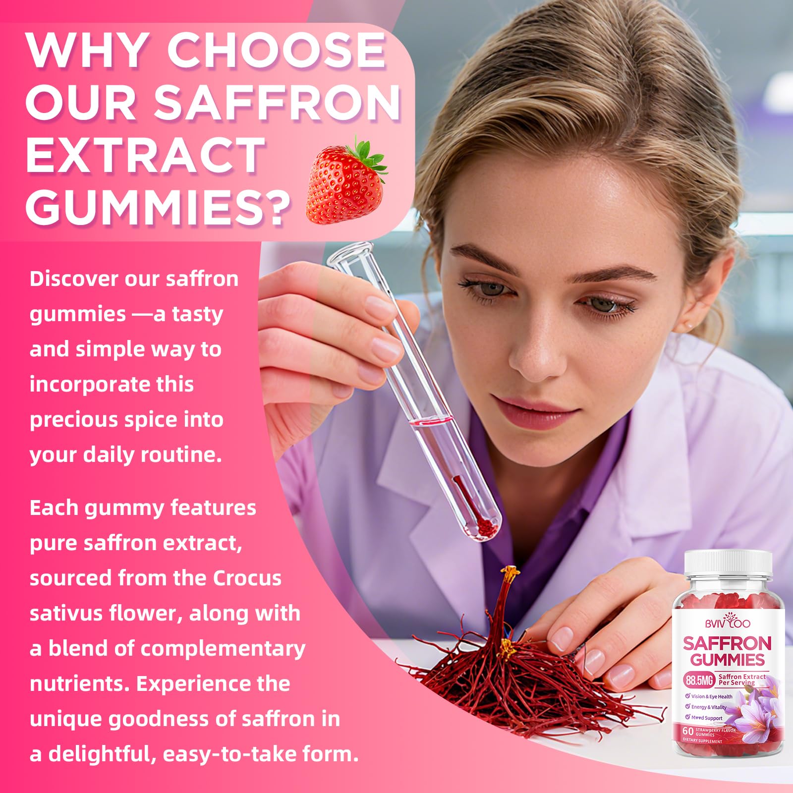 Saffron Gummies for Adult Kids, 10-IN-1 Formula with Saffron 88.5mg, Vitamins D3 & B6, Magnesium, Zinc, Ashwagandha, L-Theanine, St. John's Wort - Supports Mood & Focus, Strawberry Flavor, 60 Count BVIVLOO buy supplements canada