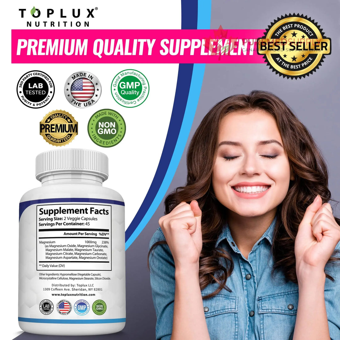 Magnesium Complex Supplement 8 Elemental 1000mg - Magnesium Glycinate, Citrate, Malate, Taurate, Chelated for Easy Absorption for Bones, Muscle, Recovery, Energy, Vegan Non-GMO 90 Capsules Toplux buy supplements canada