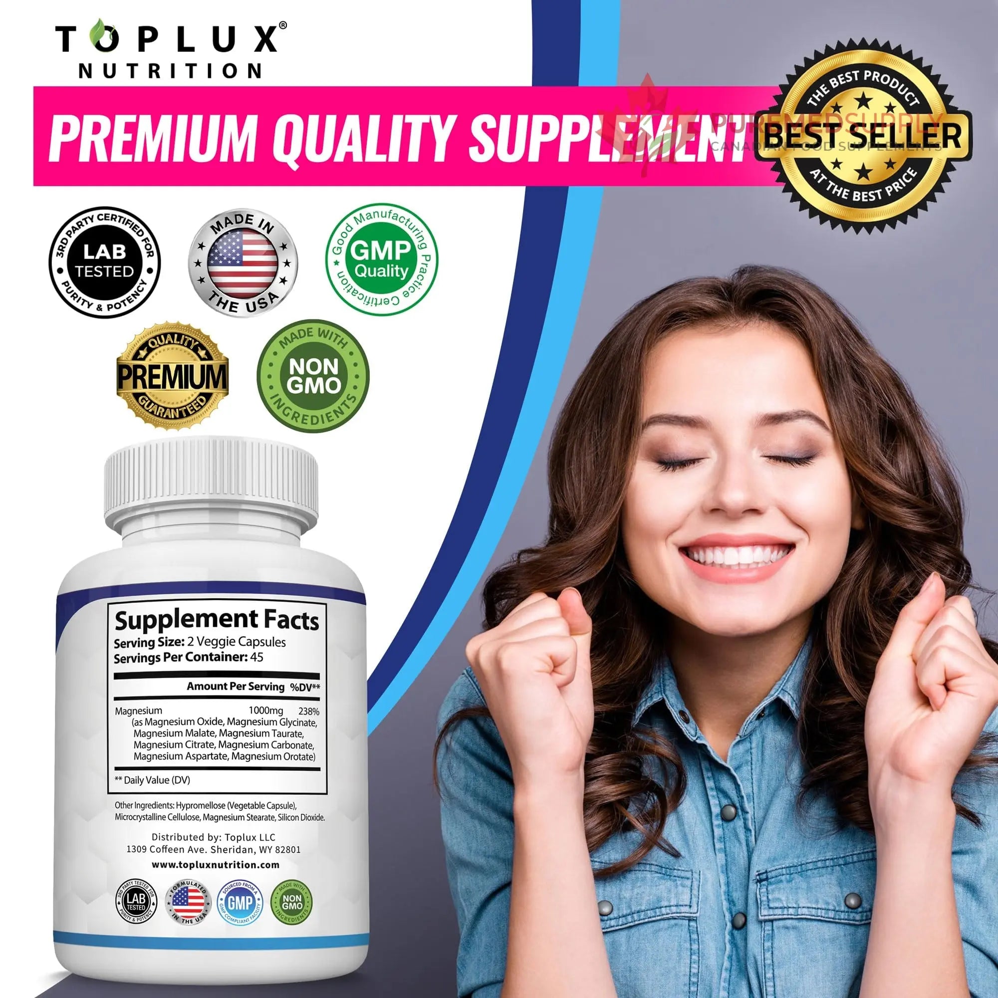 Magnesium Complex Supplement 8 Elemental 1000mg - Magnesium Glycinate, Citrate, Malate, Taurate, Chelated for Easy Absorption for Bones, Muscle, Recovery, Energy, Vegan Non-GMO 90 Capsules Toplux buy supplements canada