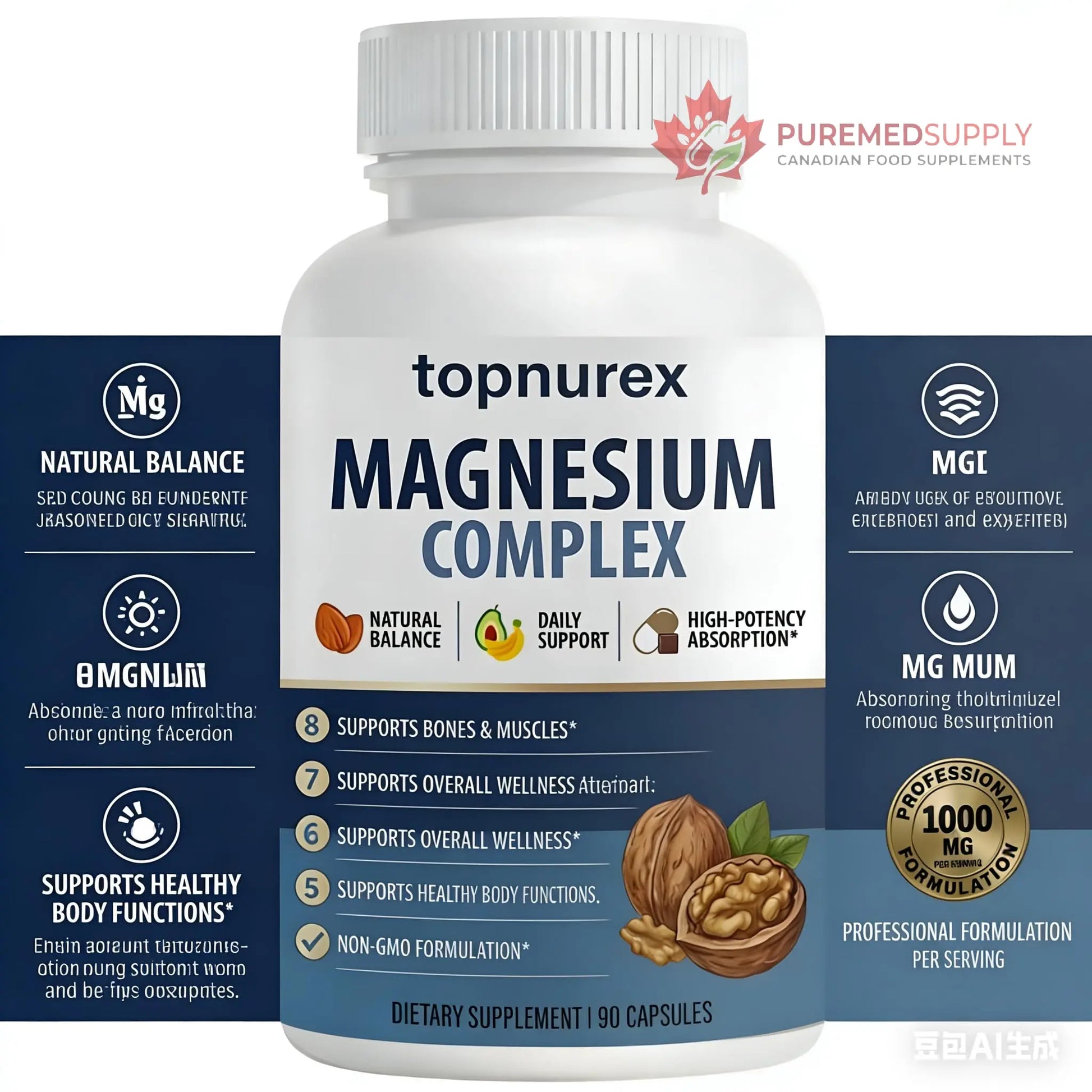Topnurex Magnesium Complex for Women & Men - 1000mg High Absorption, 8 Essential Magnesium, 90 Capsules Topnurex buy supplements canada