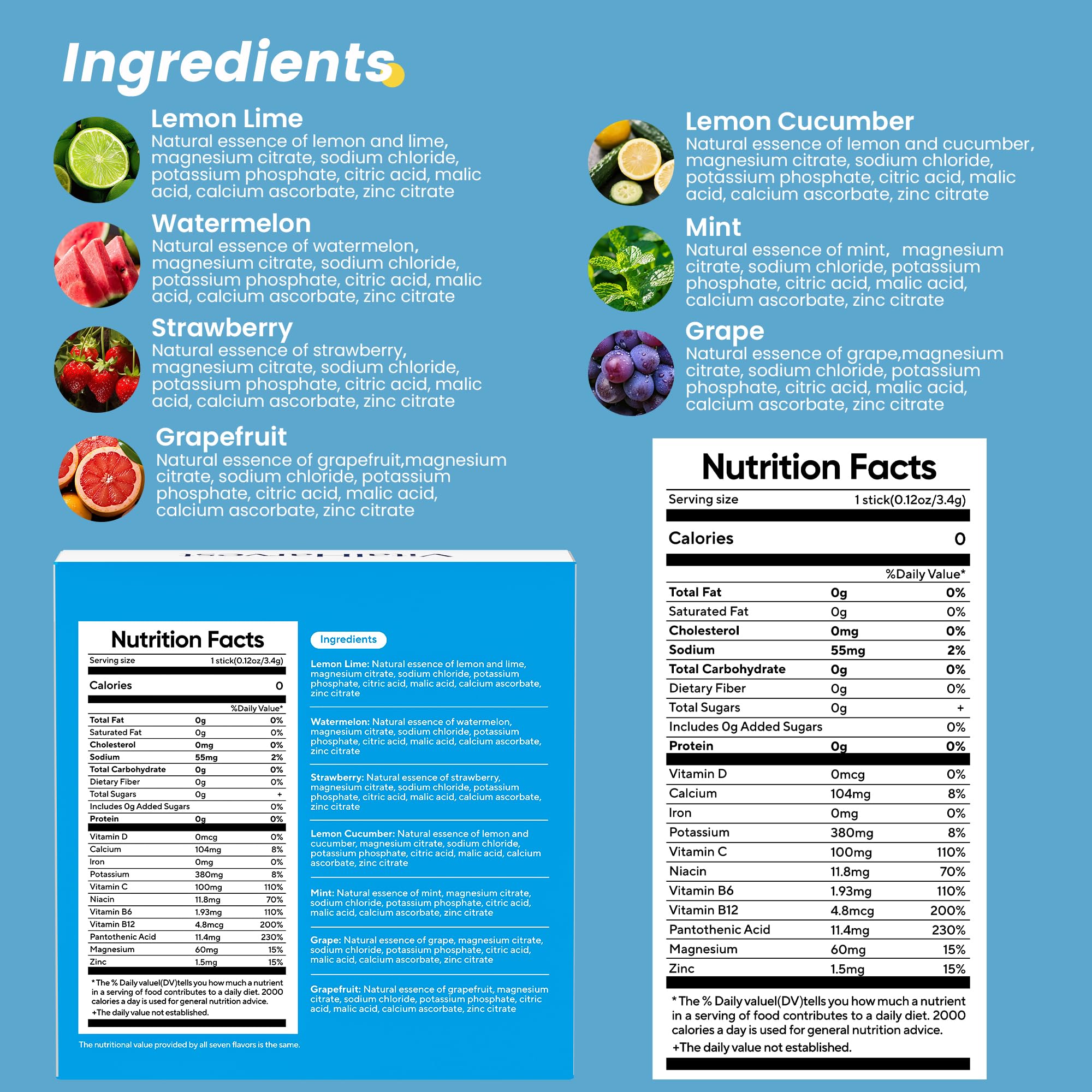 24 Sticks Electrolytes Powder Packets 7 Flavors Sugar Free Hydration Packets Liquid Daily IV Drink Mix, Low Sodium, Lemon Lime, Watermelon, Strawberry, Grape VitalHarvest buy supplements canada