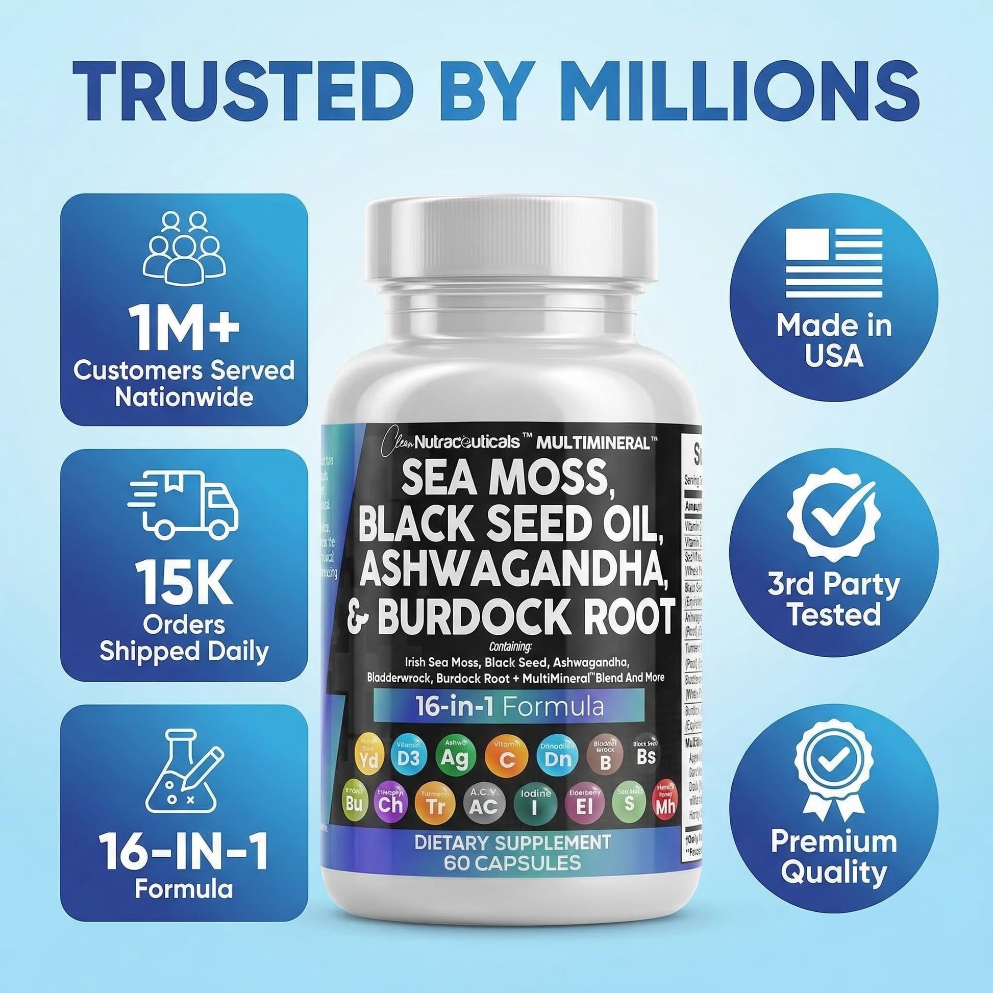 Clean Nutraceuticals Sea Moss Black Seed Oil Ashwagandha Turmeric Bladderwrack Burdock & Vitamin C Vitamin D3 with Elderberry Clean Nutraceuticals buy supplements canada