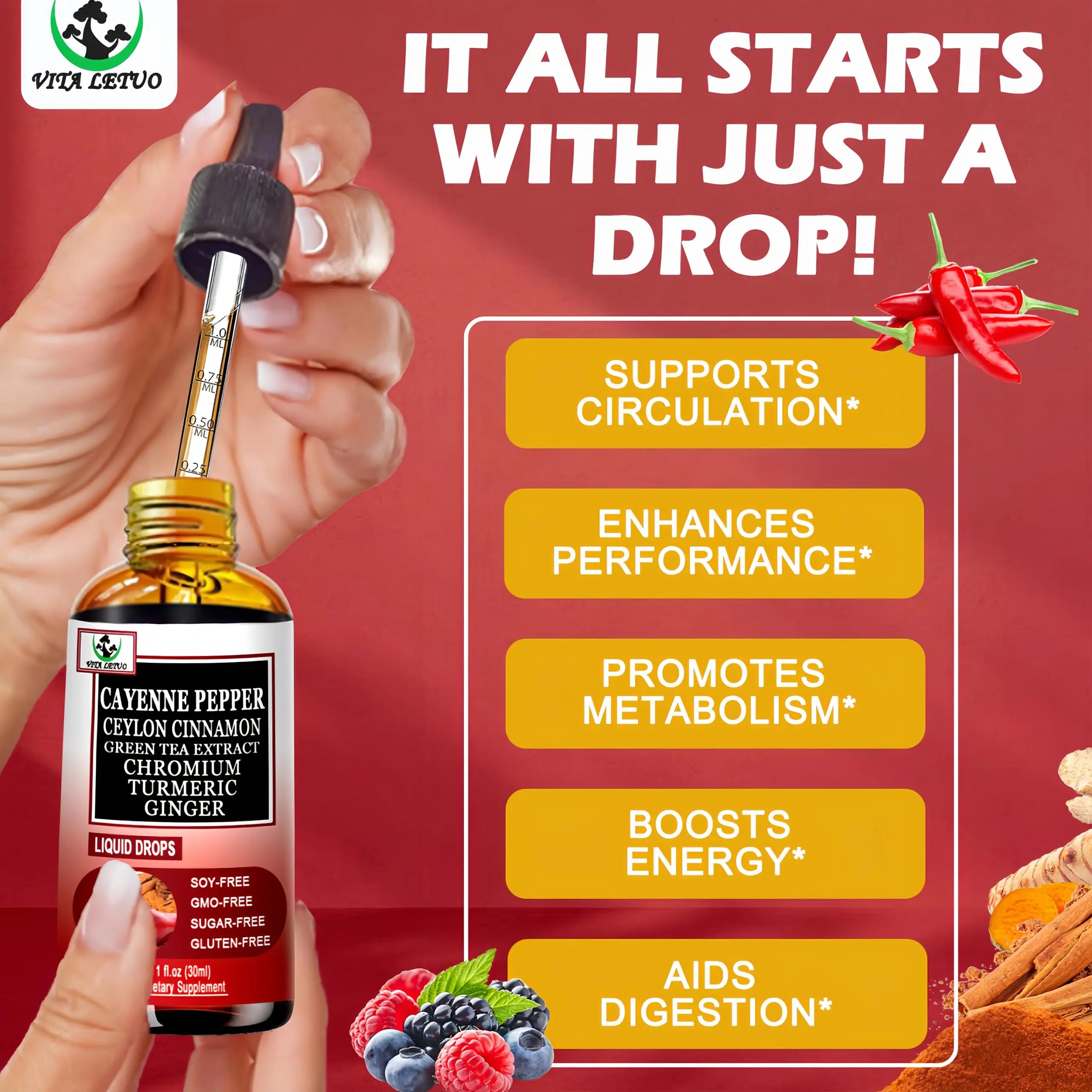 Cayenne Pepper Drops, High Absorption 6-in-1 Liquid Cayenne Pepper Supplement w/Ceylon Cinnamon, Green Tea Extract, Turmeric, Organic Liquid Drops Than Cayenne Capsules Powder Vita letuo buy supplements canada