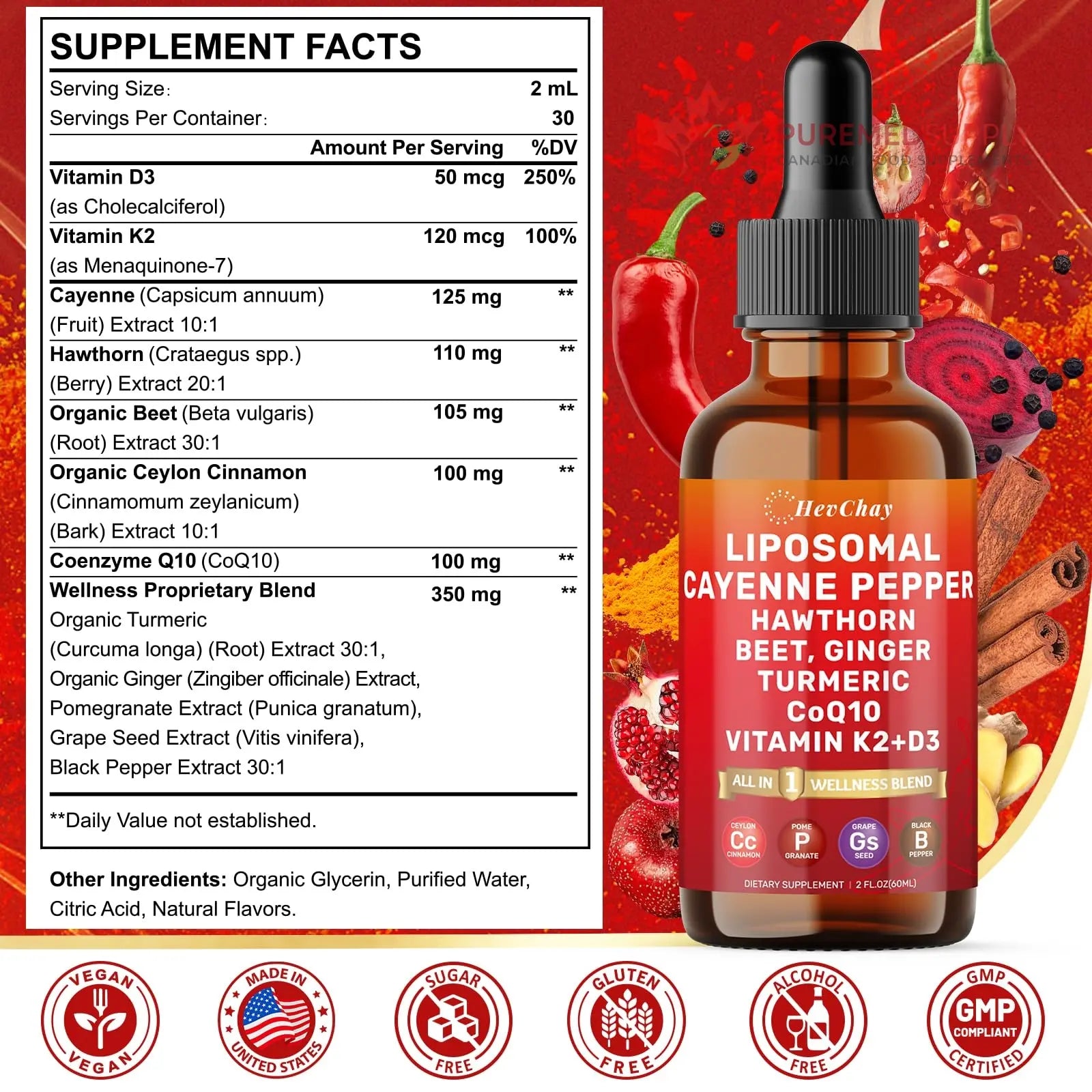 Cayenne Pepper Drops Liposomal Supplement Liquid + Hawthorn Berry, Vitamin D3 K2 Beet Root Powder, Ceylon Cinnamon, CoQ10, Turmeric Curcumin, Cayenne Pepper Extract - 2oz HevChay buy supplements canada