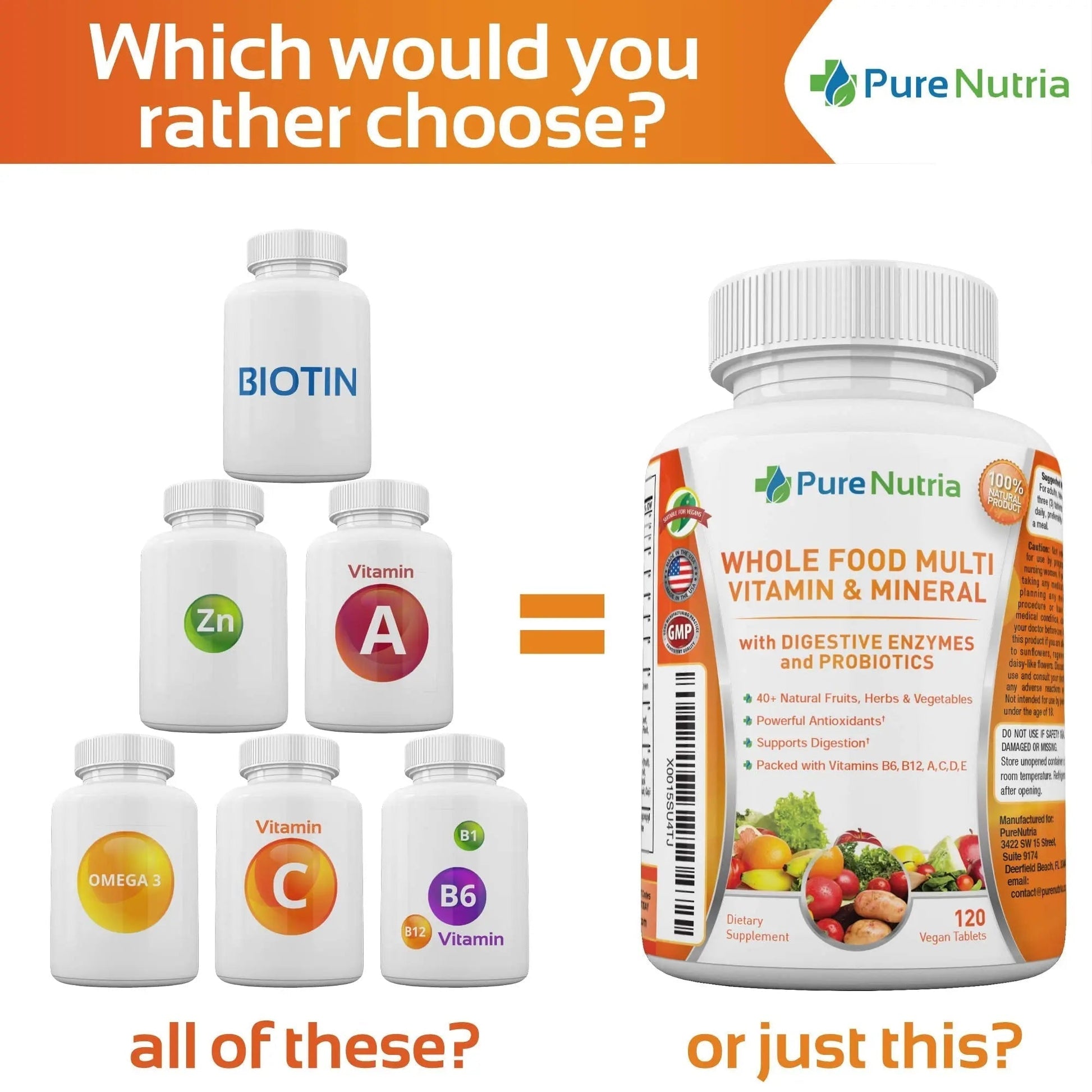 Whole Food MultiVitamin and Minerals with Probiotic Enzymes - 120 Multivitamins for Women and Men - Packed with WholeFood and Herbal Ingredients PureNutria buy supplements canada