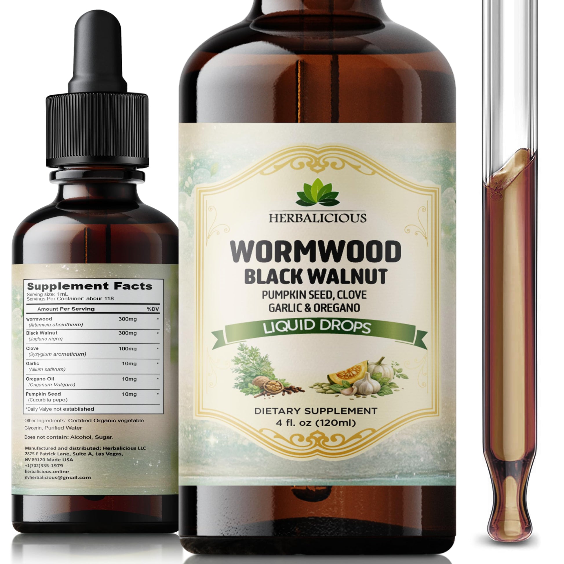 HEBRALICIOUS Wormwood Black Walnut Liquid Drops – Herbal Blend with Pumpkin Seed, Clove, Garlic & Oregano Oil – Alcohol Free Herbal Tincture – Liquid Dietary Supplement, 4 fl oz (120ml) HERBALICIOUS buy supplements canada