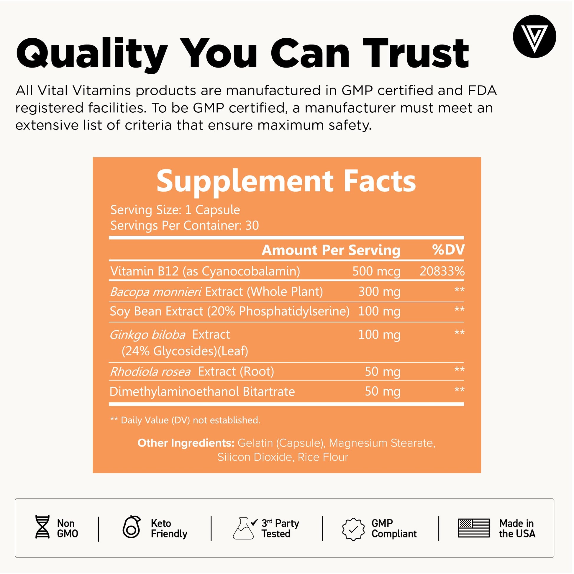 Vital Vitamins Brain Supplements with Bacopa Monnieri - for Memory and Focus – Nootropic Brain Booster - Caffeine-Free Support for Adults & Seniors – Non-GMO, 30-Day Supply, 30 Capsules Vital Vitamins buy supplements canada