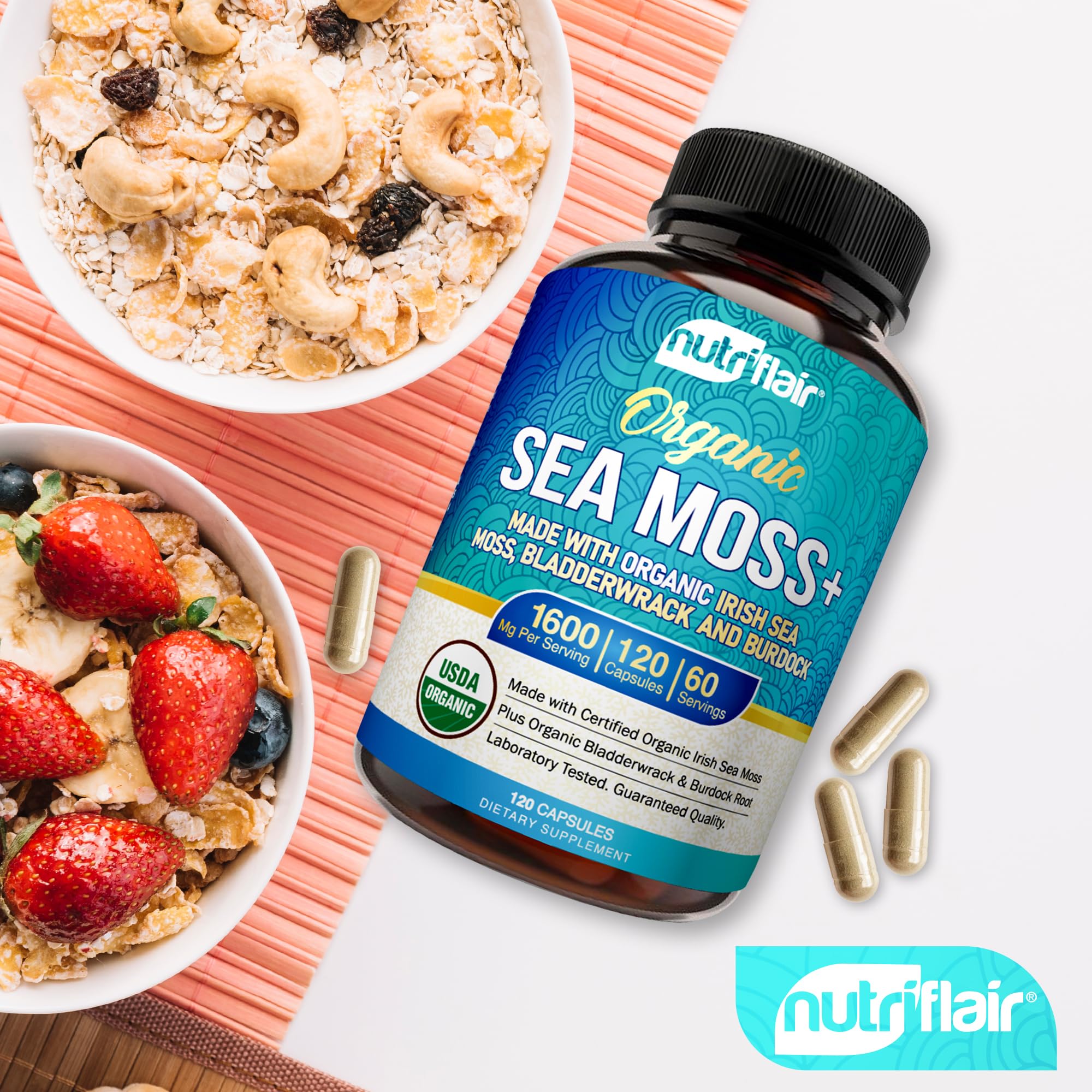 NutriFlair Organic Sea Moss 1600mg, 120 Capsules Plus Bladderwrack & Burdock - Prebiotic Super Food - Immune System & Digestive Health - Thyroid, Healthy Skin, Keto Detox, Gut NutriFlair buy supplements canada