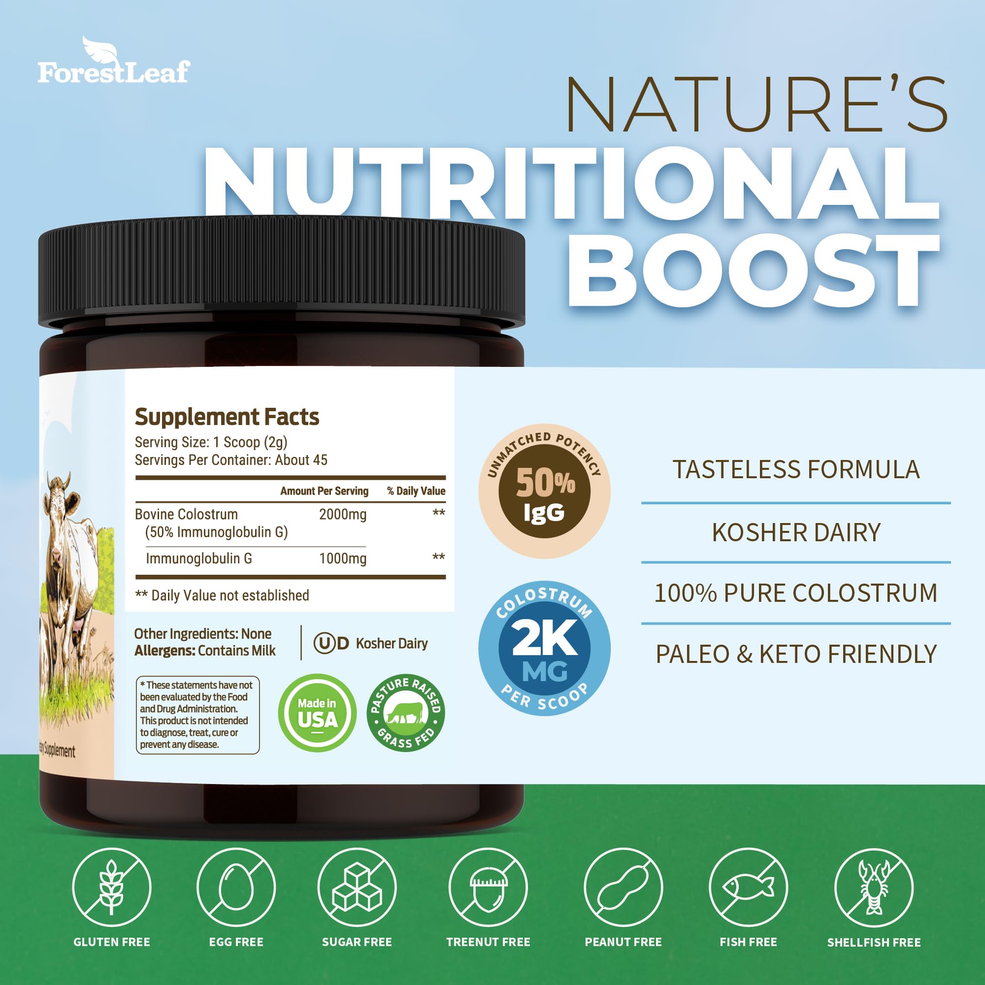 ForestLeaf Colostrum Powder 50% IgG Highest Pure Concentration, Grass Fed Colostrum Supplement for Gut Health, Immune Support and Muscle Recovery, Bovine Colostrum for Humans, Unflavored, 45 Servings ForestLeaf buy supplements canada