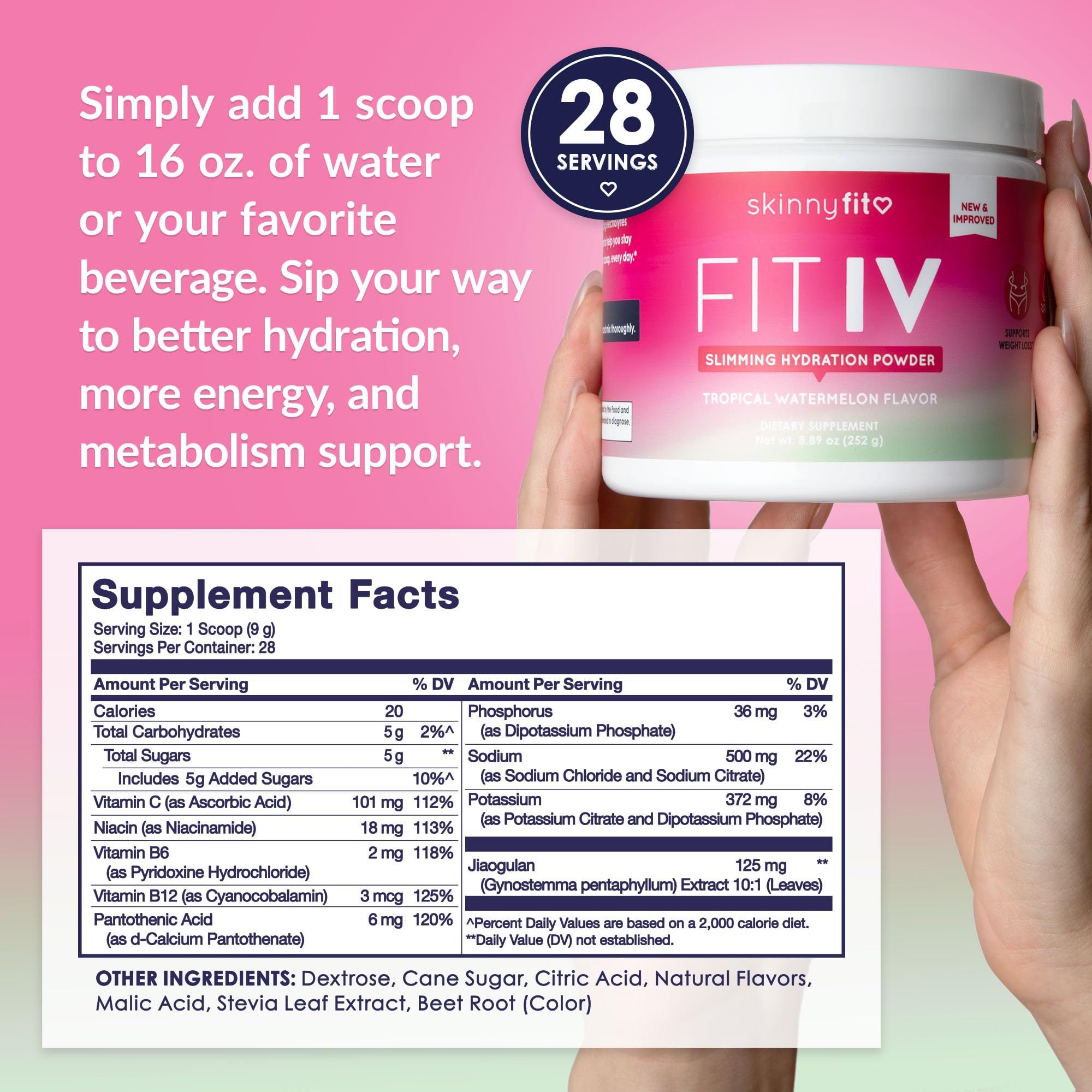 SkinnyFit - Fit IV Slimming Hydration Powder, Tropical Watermelon (Jar, 28 Scoops) - New & Improved Formula - Electrolytes, Vitamin C, Vitamin B3 - Vegan, Gluten Free, Dairy Free - Beauty & Self Care SkinnyFit buy supplements canada