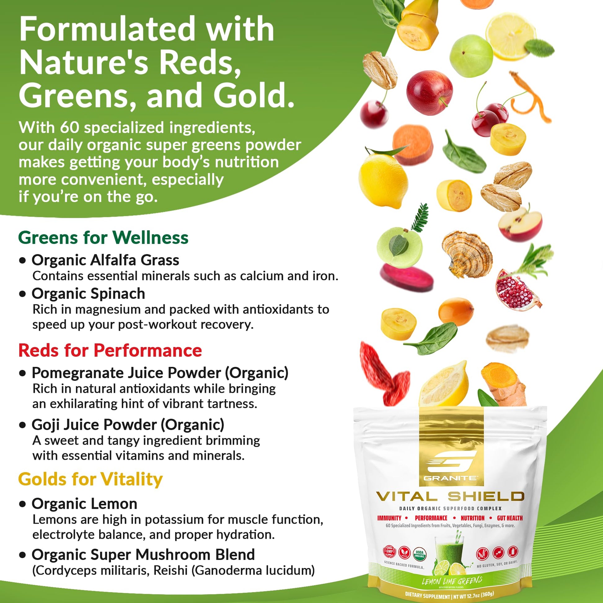 Granite Nutrition Vital Shield - USDA Organic Superfood Greens with Mushrooms & Tart Cherry – Supports Energy, Immune Function & Digestive Health – Lemon Lime Flavor (30 Servings) Granite Supplements buy supplements canada