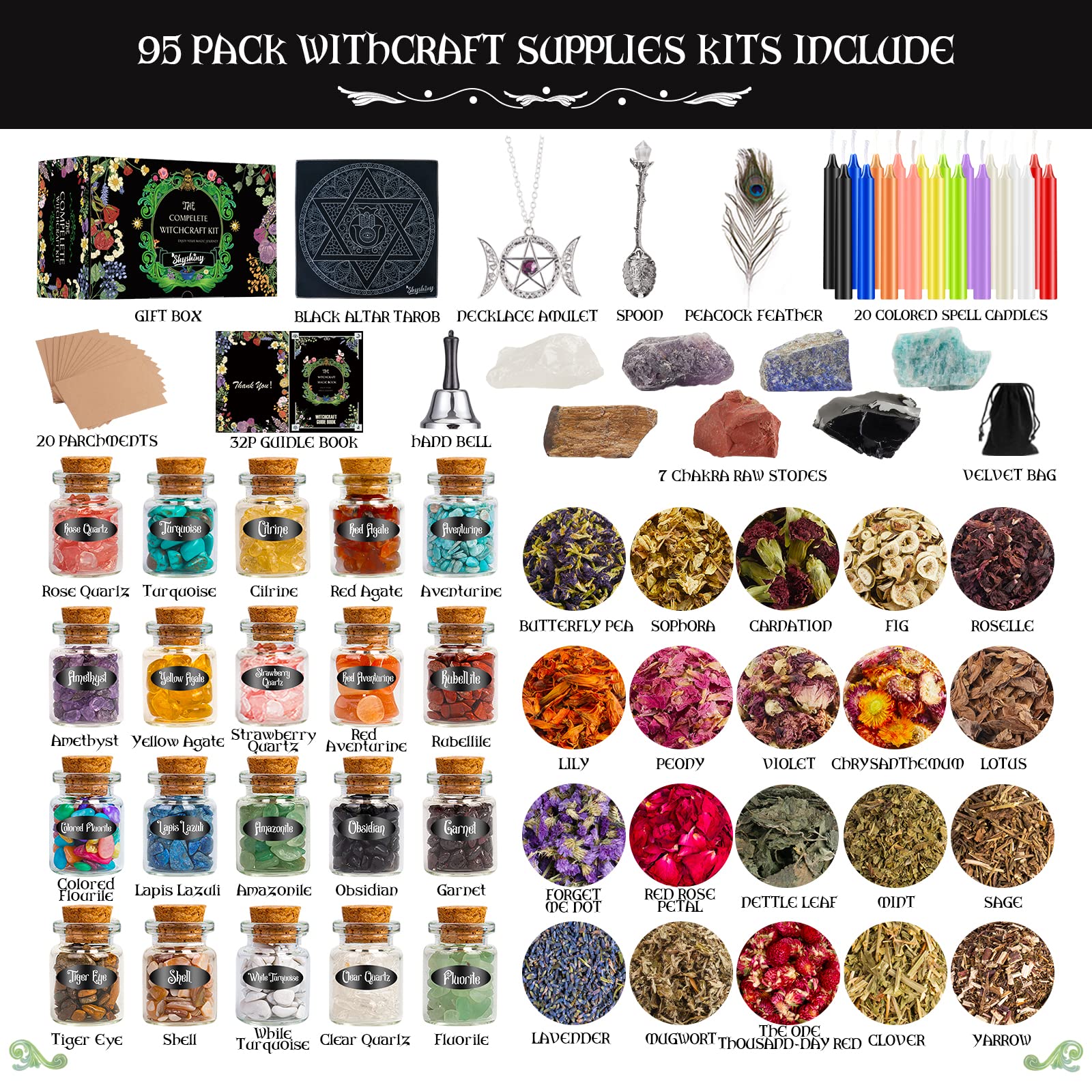 SHYSHINY Witchcraft Supplies Kit for Wiccan Spells, 95 Pack of 7 Chakra Stones, Crystals, Dried Herbs SHYSHINY buy supplements canada