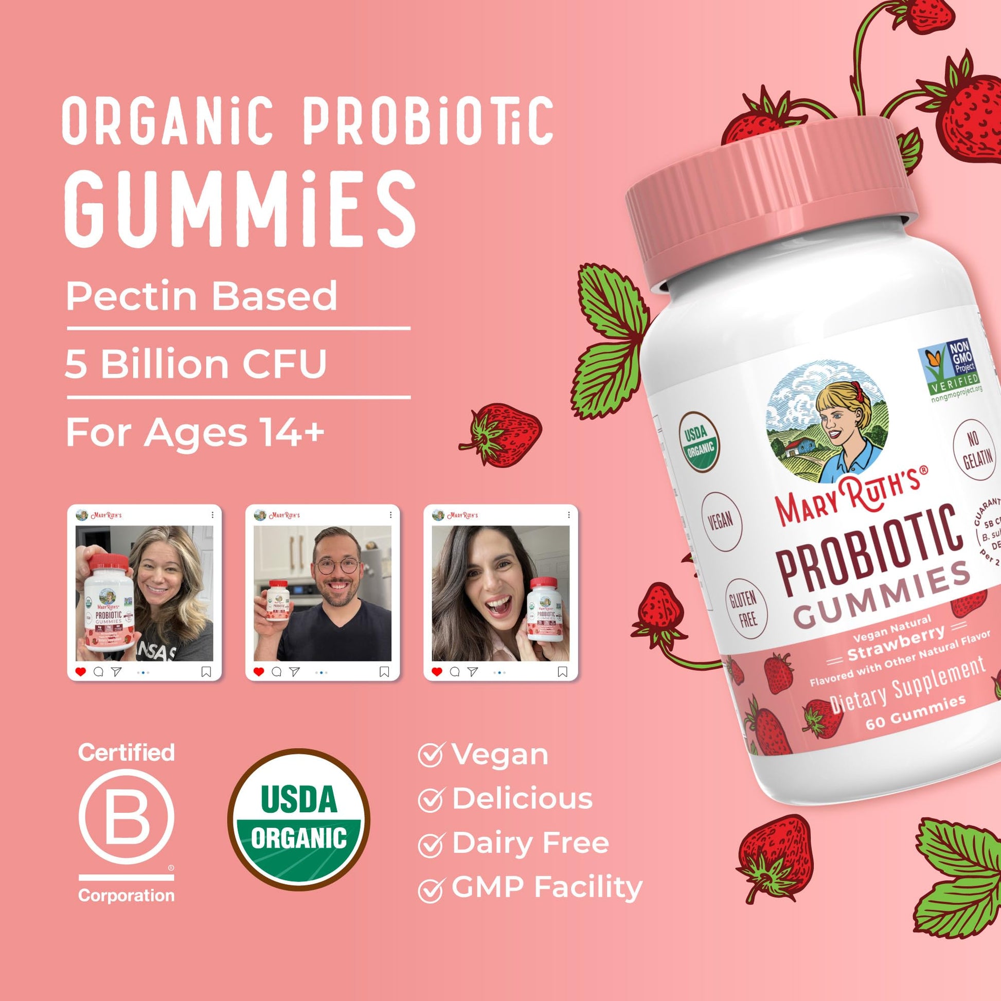 MaryRuth Organics USDA Organic Probiotic Gummies |Probiotics forWomen & Men Digestive Health & Gut Comfort Supplement 5 Billion CFU | Immune & Digestive Support | Vegan | Non-GMO | 60 Count MARYRUTH'S buy supplements canada
