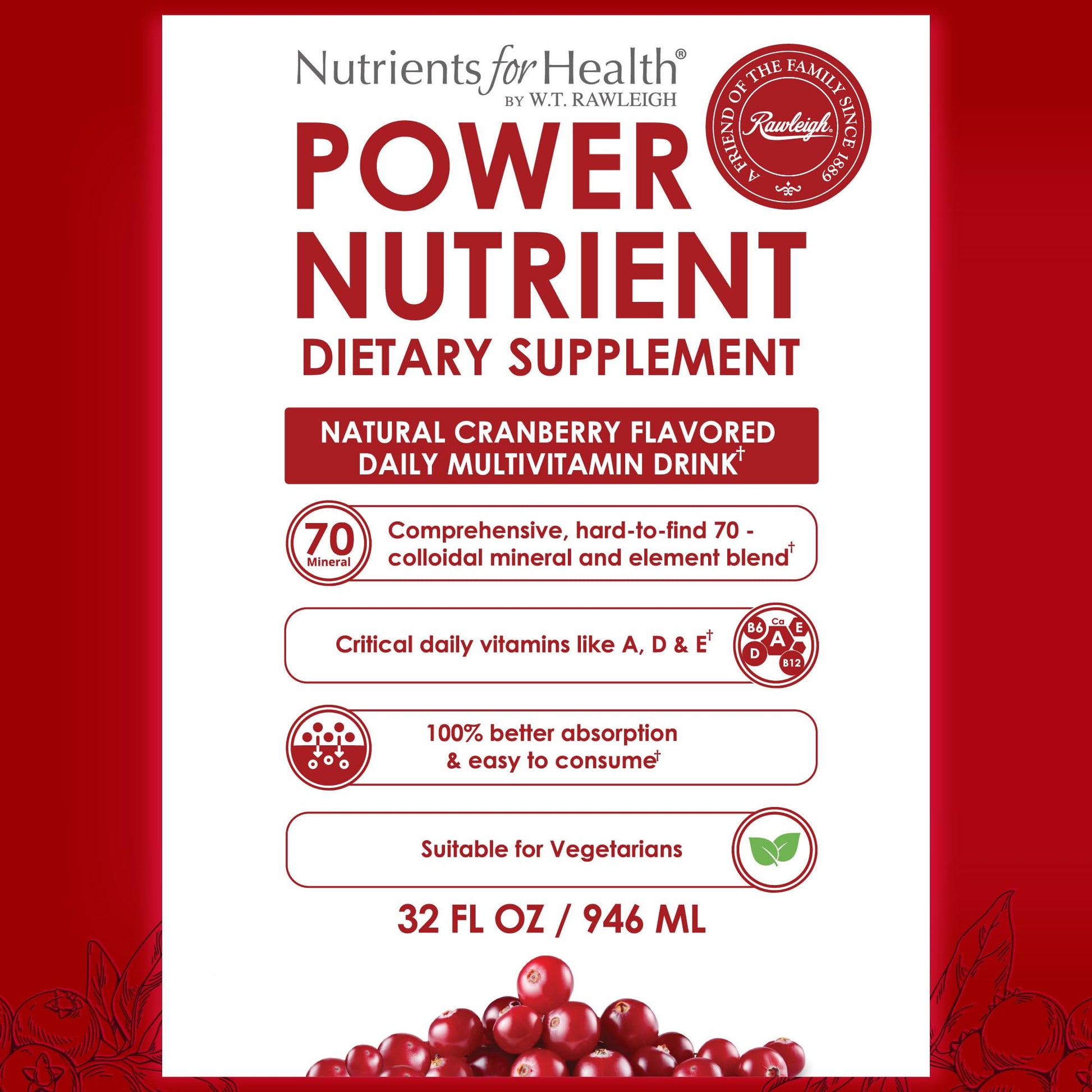 Rawleigh Power Nutrient: 32 fl oz for 1 Month - Cranberry Flavor, Daily Multivitamin Liquid Supplement for Men, Women with VIT. A - zinc & 70 Colloidal Trace Minerals, Vegetarian-Friendly, GMO Free Rawleigh buy supplements canada
