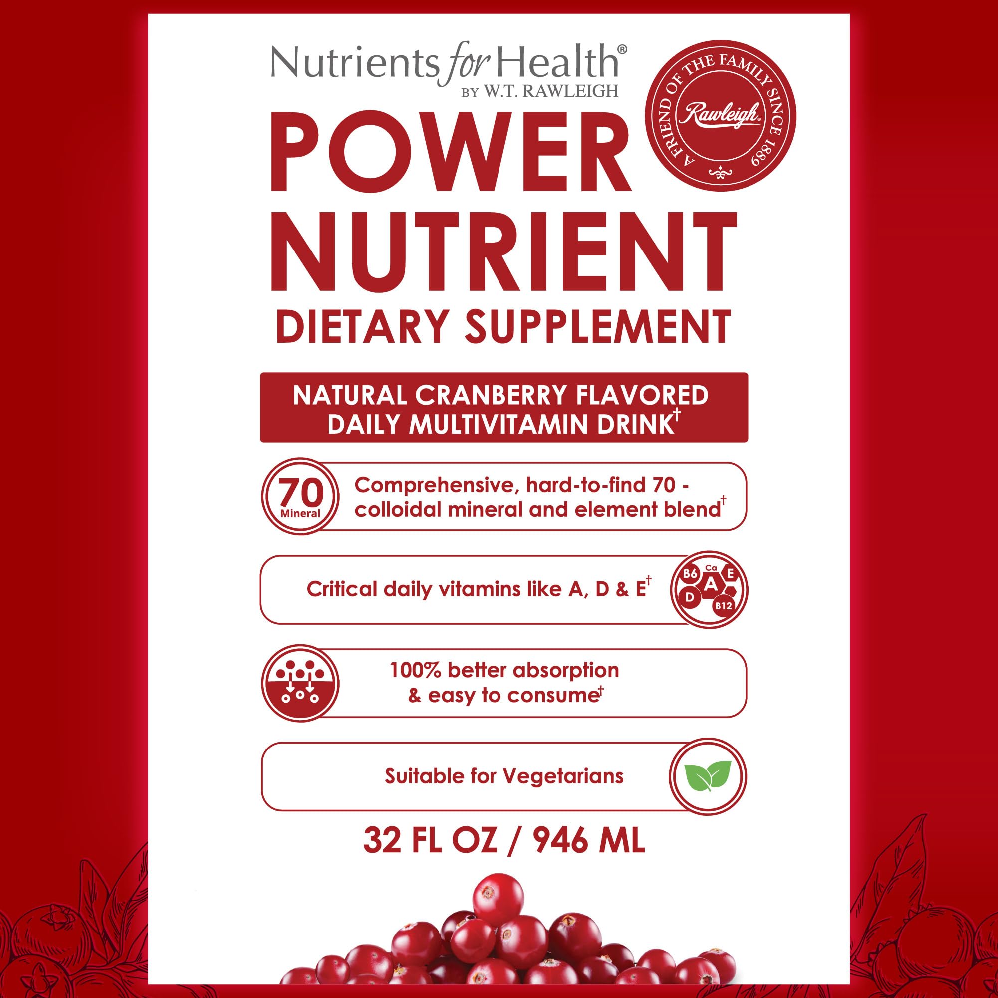 Rawleigh Power Nutrient: 32 fl oz for 1 Month - Cranberry Flavor, Daily Multivitamin Liquid Supplement for Men, Women with VIT. A - zinc & 70 Colloidal Trace Minerals, Vegetarian-Friendly, GMO Free Rawleigh buy supplements canada