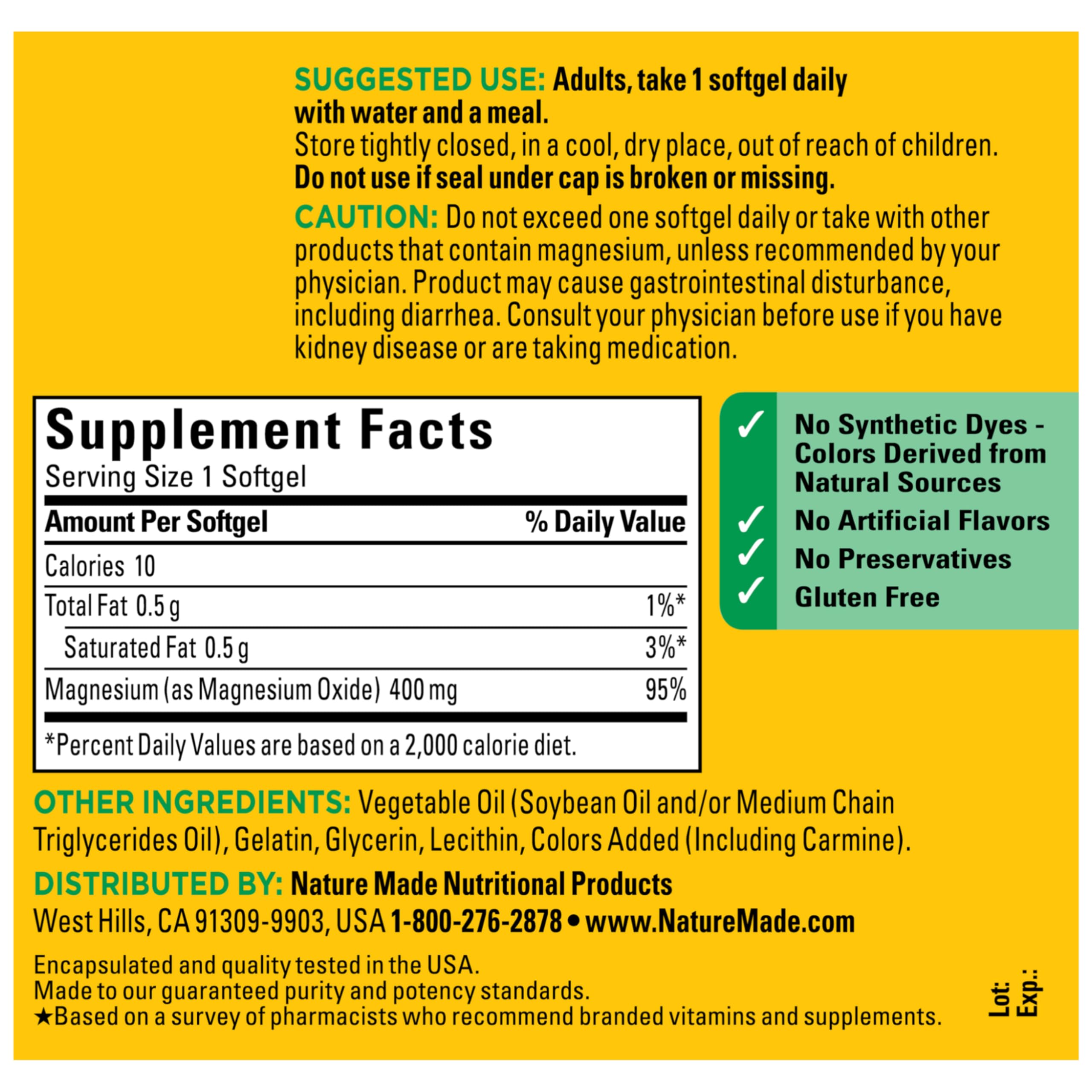Nature Made Magnesium Oxide 400 mg Softgels, Extra Strength Magnesium Supplements for Men and Women, Support for Muscle, Nerve, Bone and Heart, 110 Day Supply Nature Made buy supplements canada
