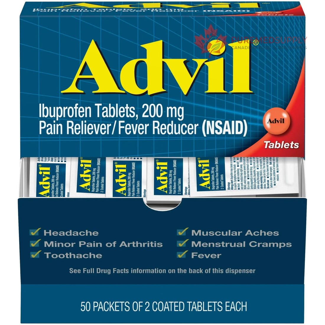 Advil Pain Reliever and Fever Reducer, Pain Relief Medicine with Ibuprofen 200mg for Headache, Backache, Menstrual Pain and Joint Pain Relief - 50x2 Coated Tablets Advil buy supplements canada