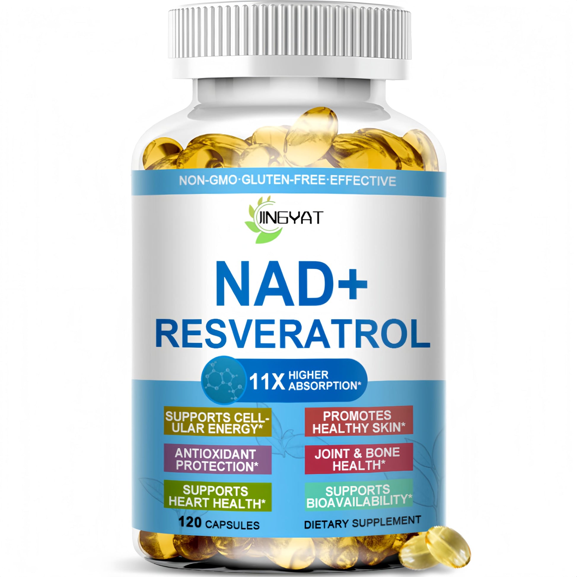 JINGYAT 11-in-1 NAD Supplement with Resveratrol, CoQ10, Quercetin, Collagen, Grape Seed for Cellular Energy, Mental Focus & Antioxidant Support - NAD Supplement for Women & Men, 120 Soft Capsules JINGYAT buy supplements canada