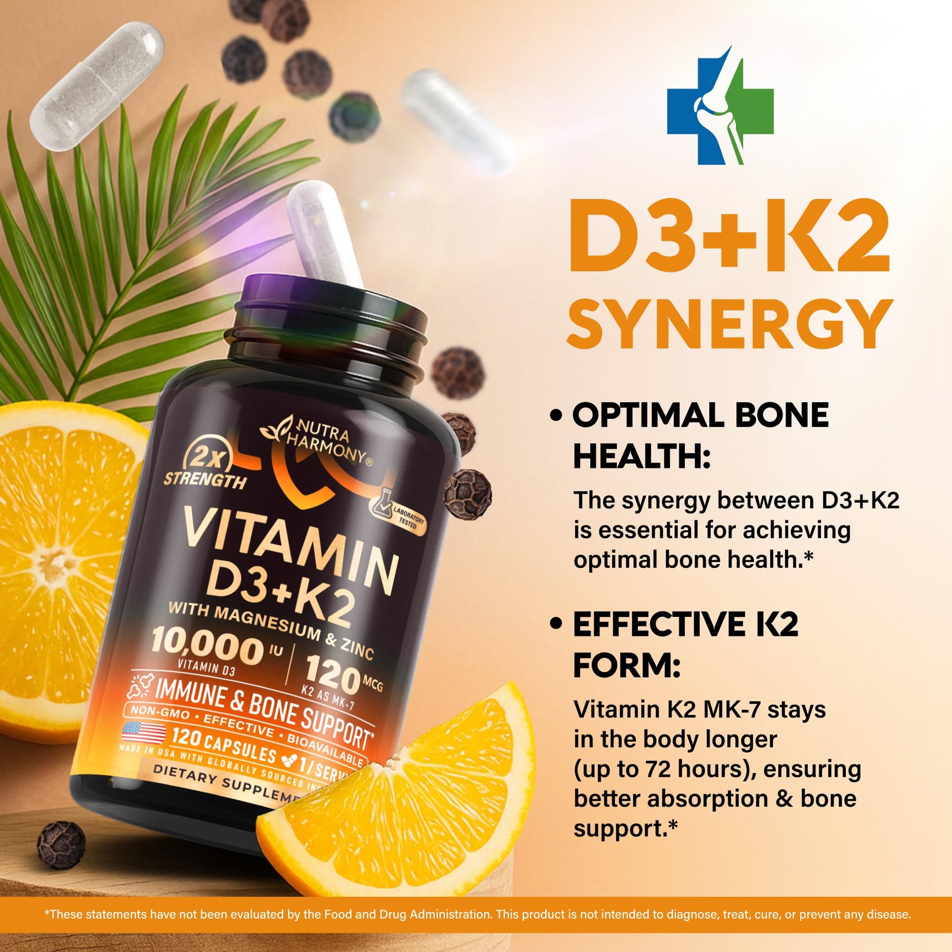 Vitamin D3 K2 - Vitamin D3 10000 iu & K2 as MK-7 120 mcg - Immune & Mood Support, for Bone & Teeth Health - with Magnesium, Zinc & Vitamin C & B12 - Highly Bioavailable NUTRAHARMONY buy supplements canada