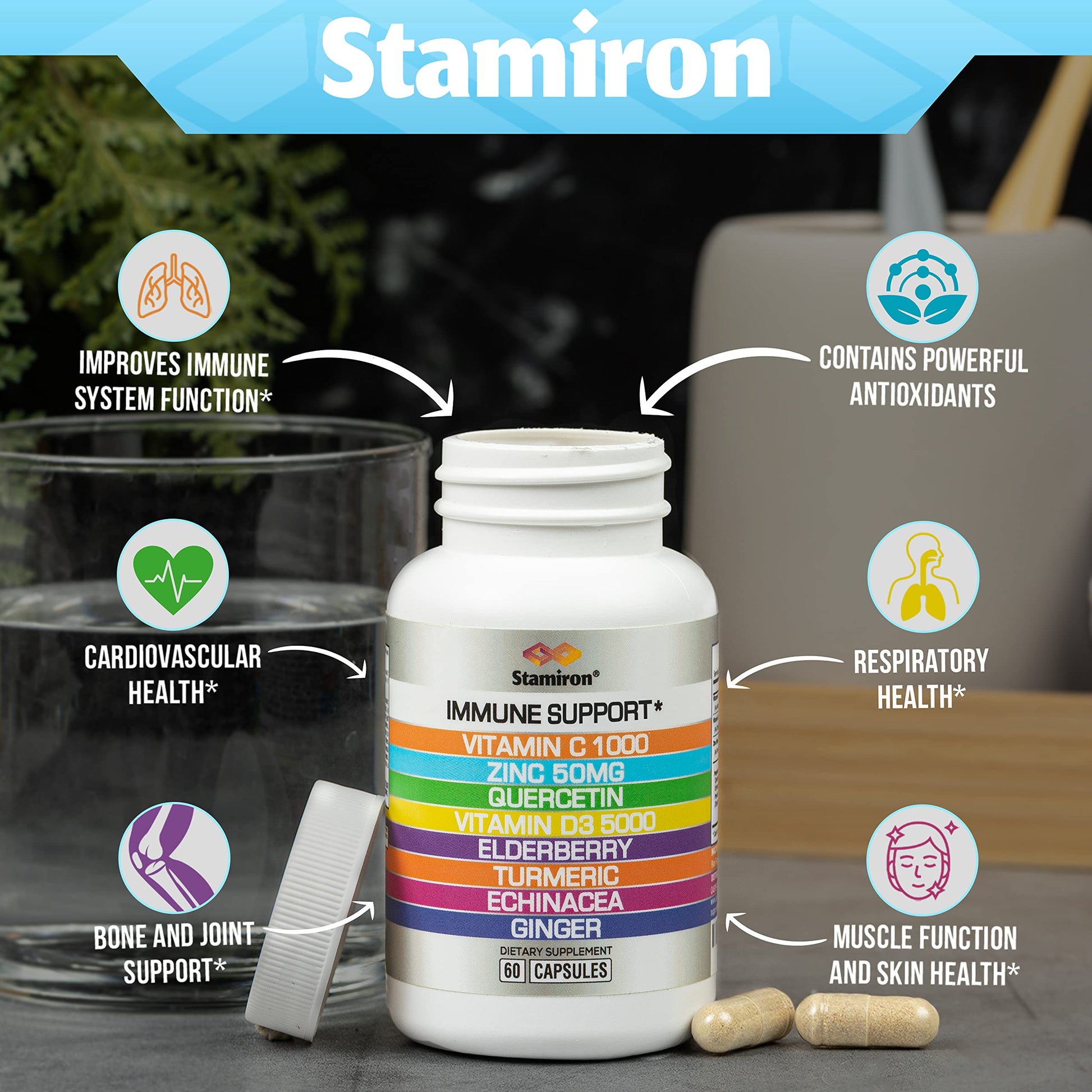 8 in 1 Immune Support with Quercetin Zinc 50mg Vitamin C 1000mg Vitamin D3 5000 IU and Elderberry Echinacea Ginger for Adults Kids - VIT D Supplement Veg Capsules Stamiron buy supplements canada