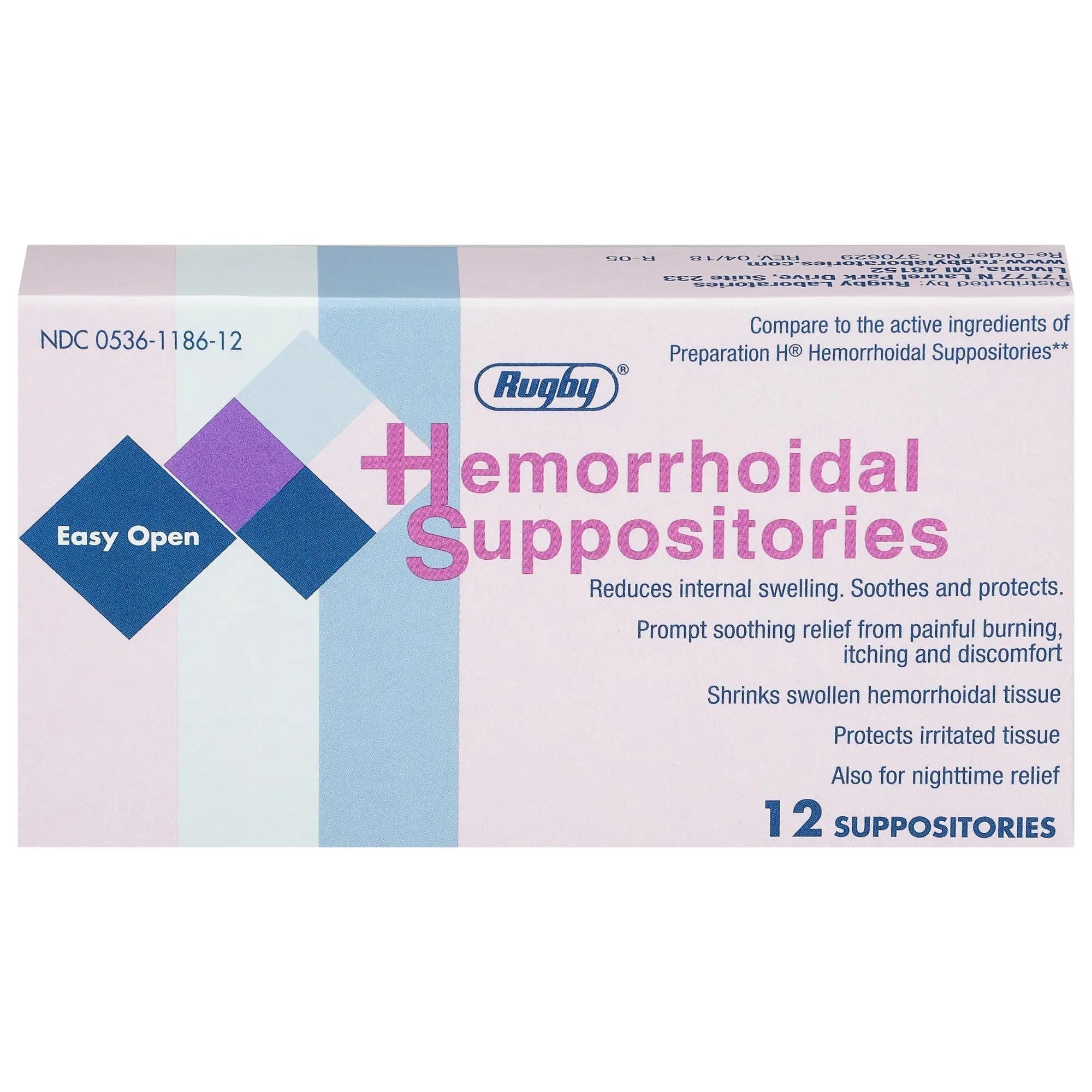 Rugby Hemorrhoidal Suppositories - Soothing and Shrinking Action for Internal Hemorrhoids with Cocoa Butter and Phenylephrine HCl, Easy Open Design - 12 Count RUGBY LABORATORIES buy supplements canada