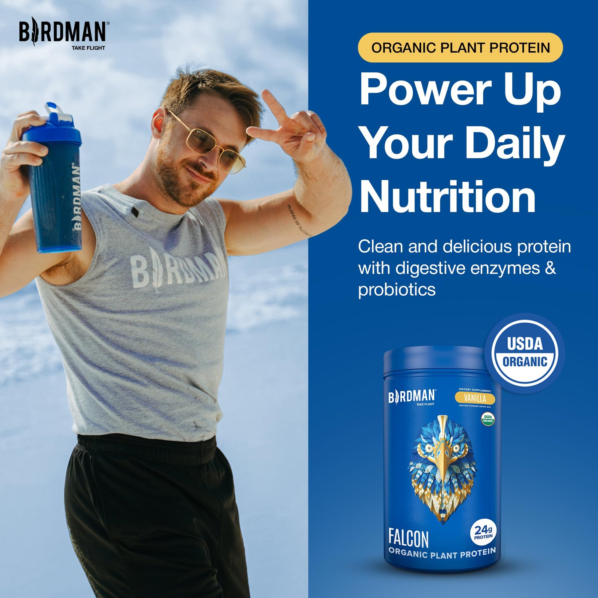 BIRDMAN Falcon Organic Vegan Protein Powder Vanilla, 24g Protein, Sugar Free, Probiotics, Low Carb, Keto Friendly, Dairy Free, Lactose Free, Non Whey BIRDMAN buy supplements canada